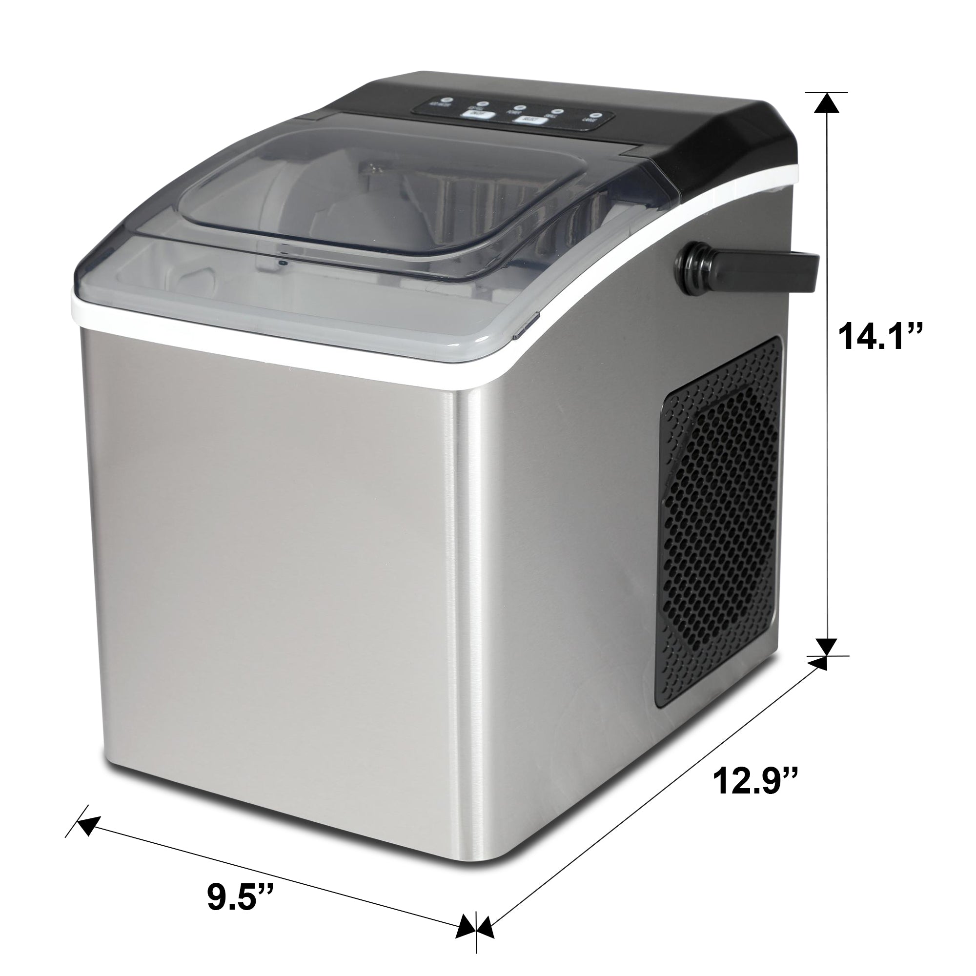 Portable stainless steel ice maker on white background with dimensions labeled