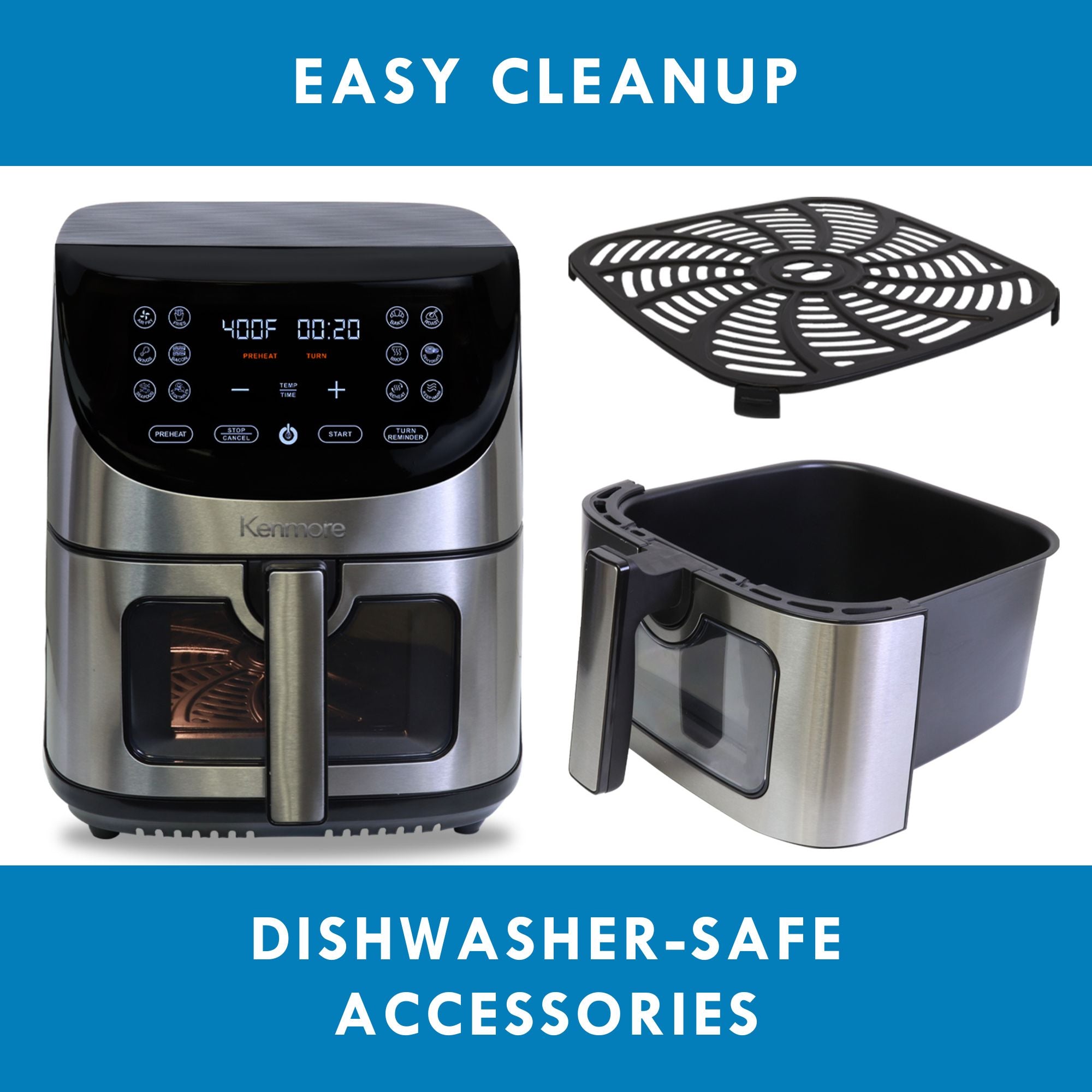 Kenmore stainless steel digital air fryer with basket pulled out and non-stick grill plate removed. Text above reads, "Easy cleanup," and text below reads, "Dishwasher-safe accessories."
