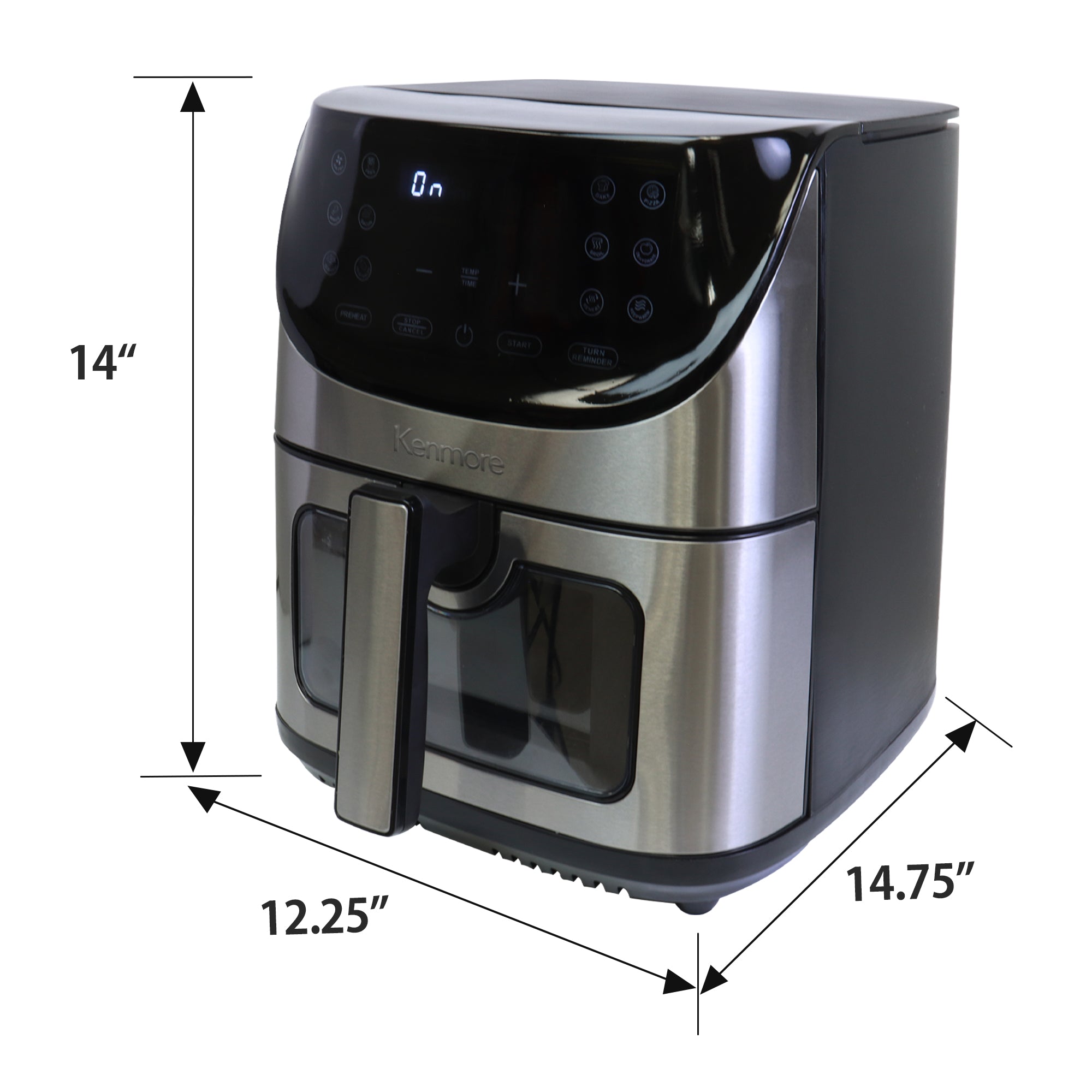 Kenmore stainless steel digital air fryer on a white background with dimensions labeled.