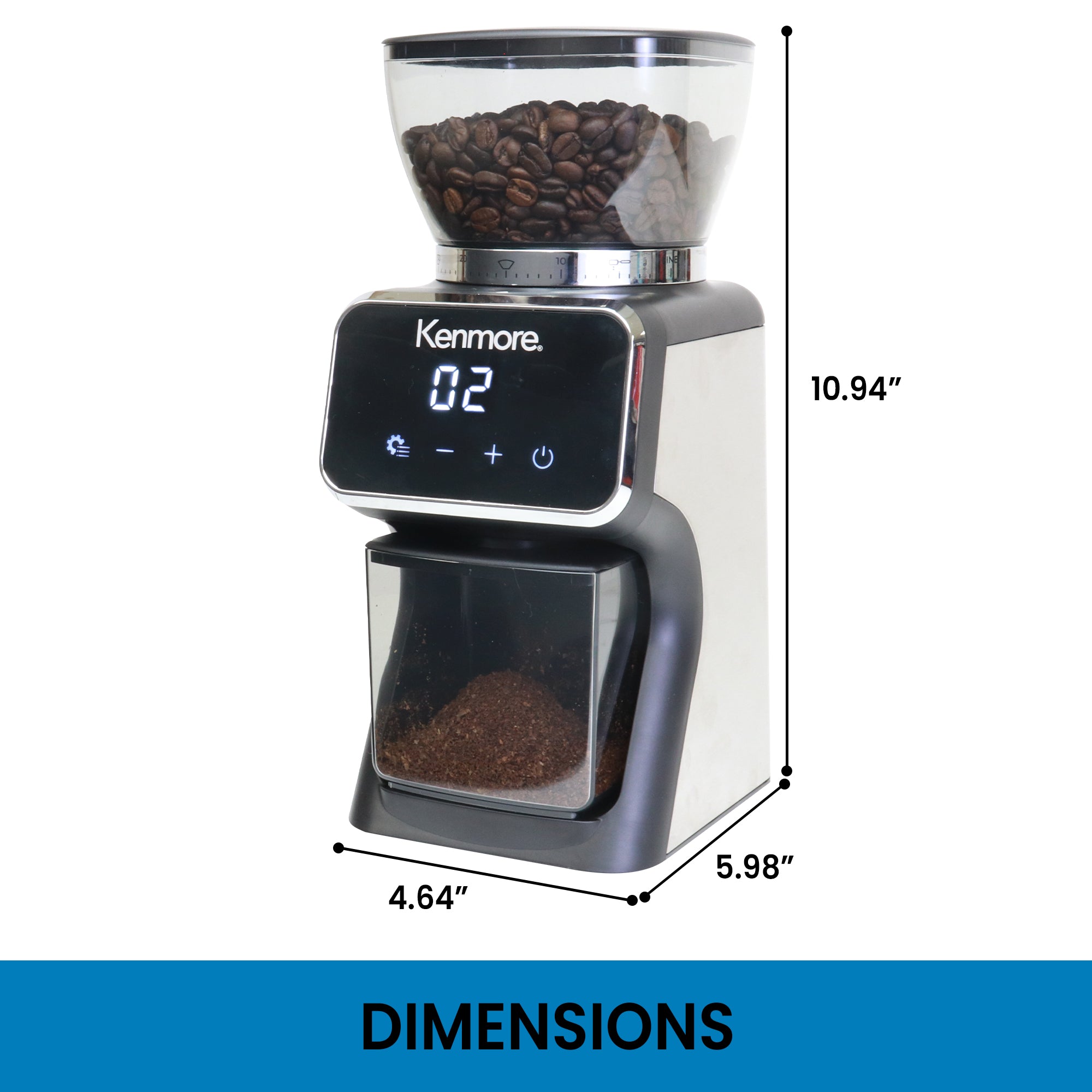 Kenmore digital conical burr grinder on a white background with dimensions labeled