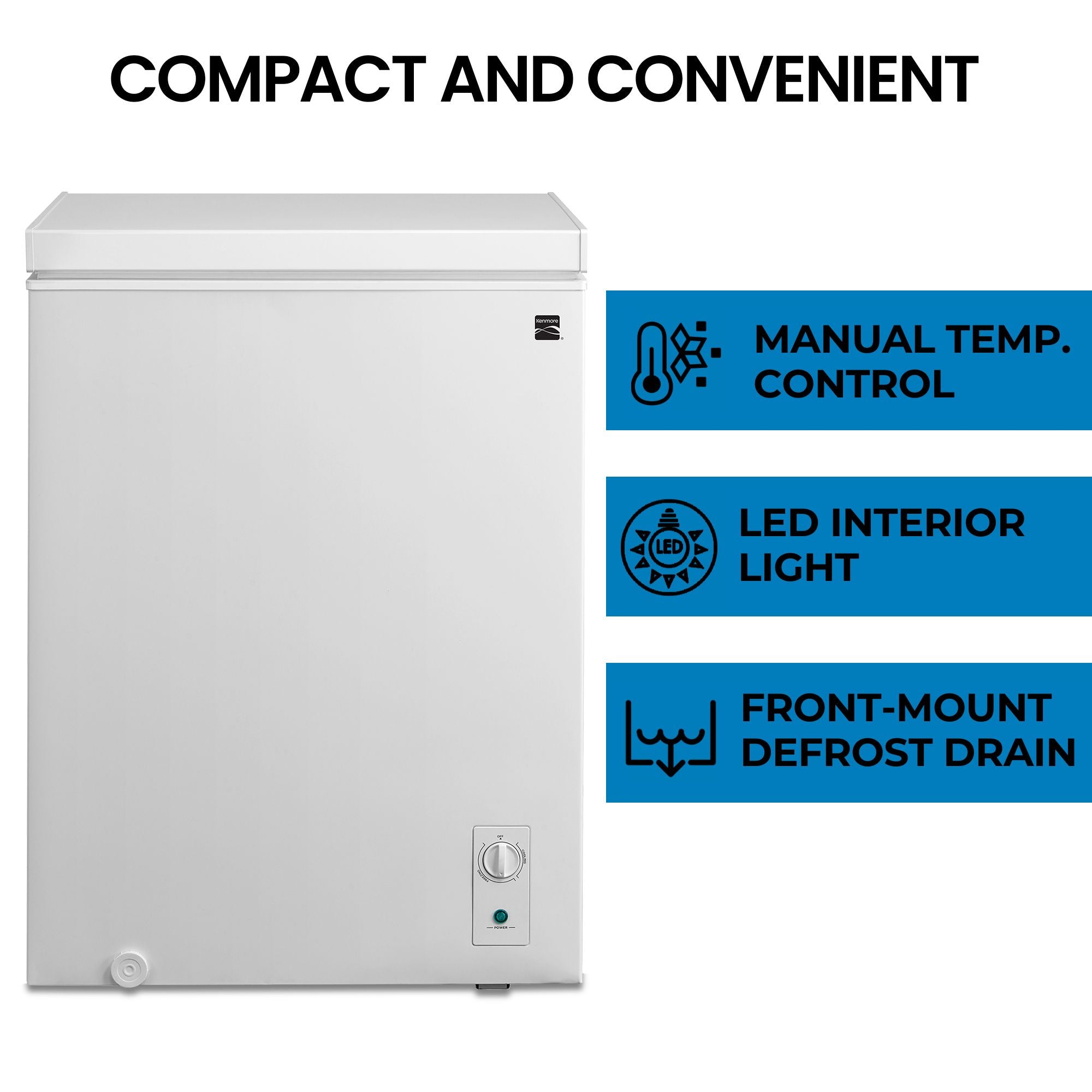 Kenmore chest-style convertible fridge freezer, closed, on a white background with features listed to the right: Manual temp. control; garage ready; Front-mount defrost drain. Text above reads, "Compact and convenient"