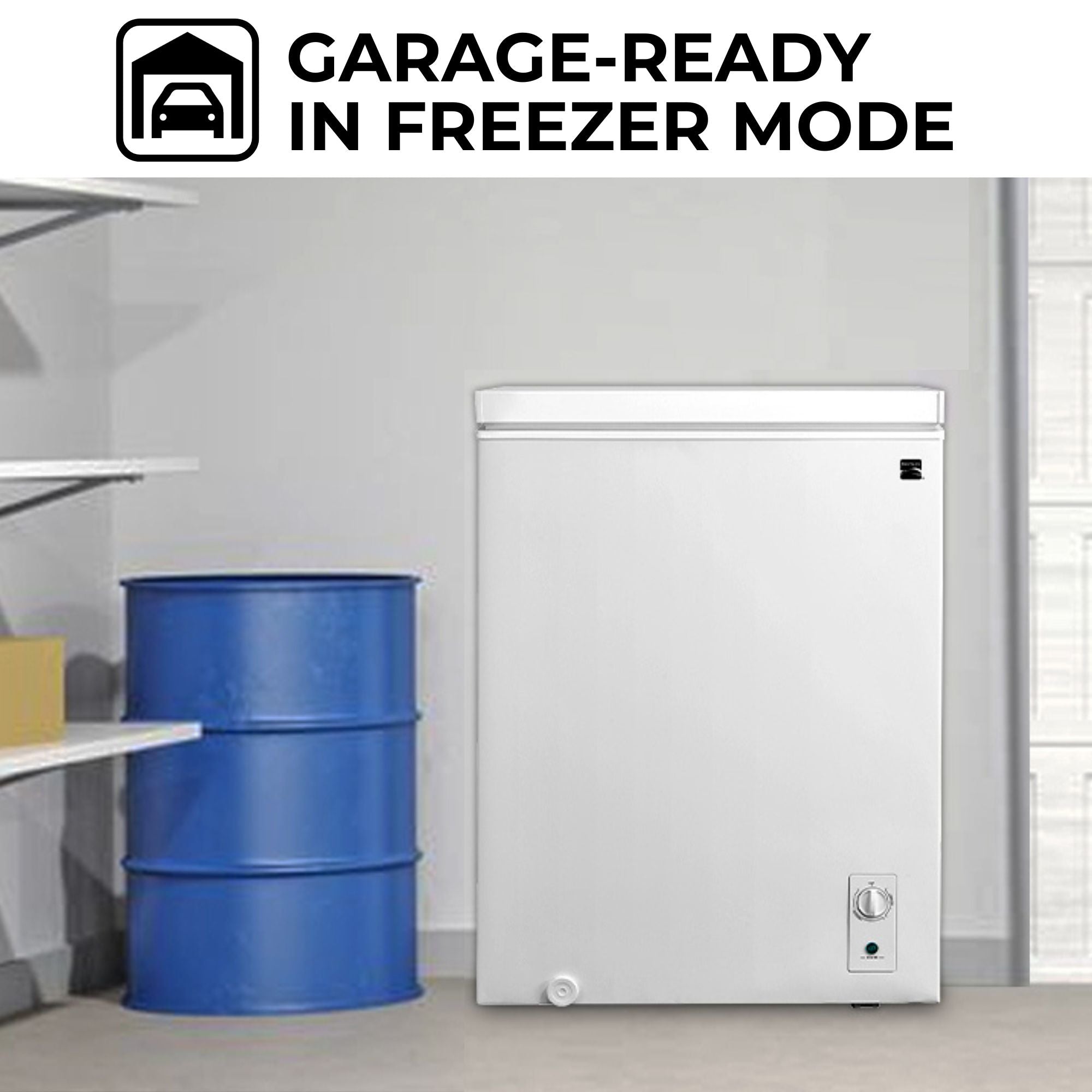 Four images show settings where the freezer could be used: Basement, cabin, mudroom, garage. Text above reads, "Garage-ready freezer"