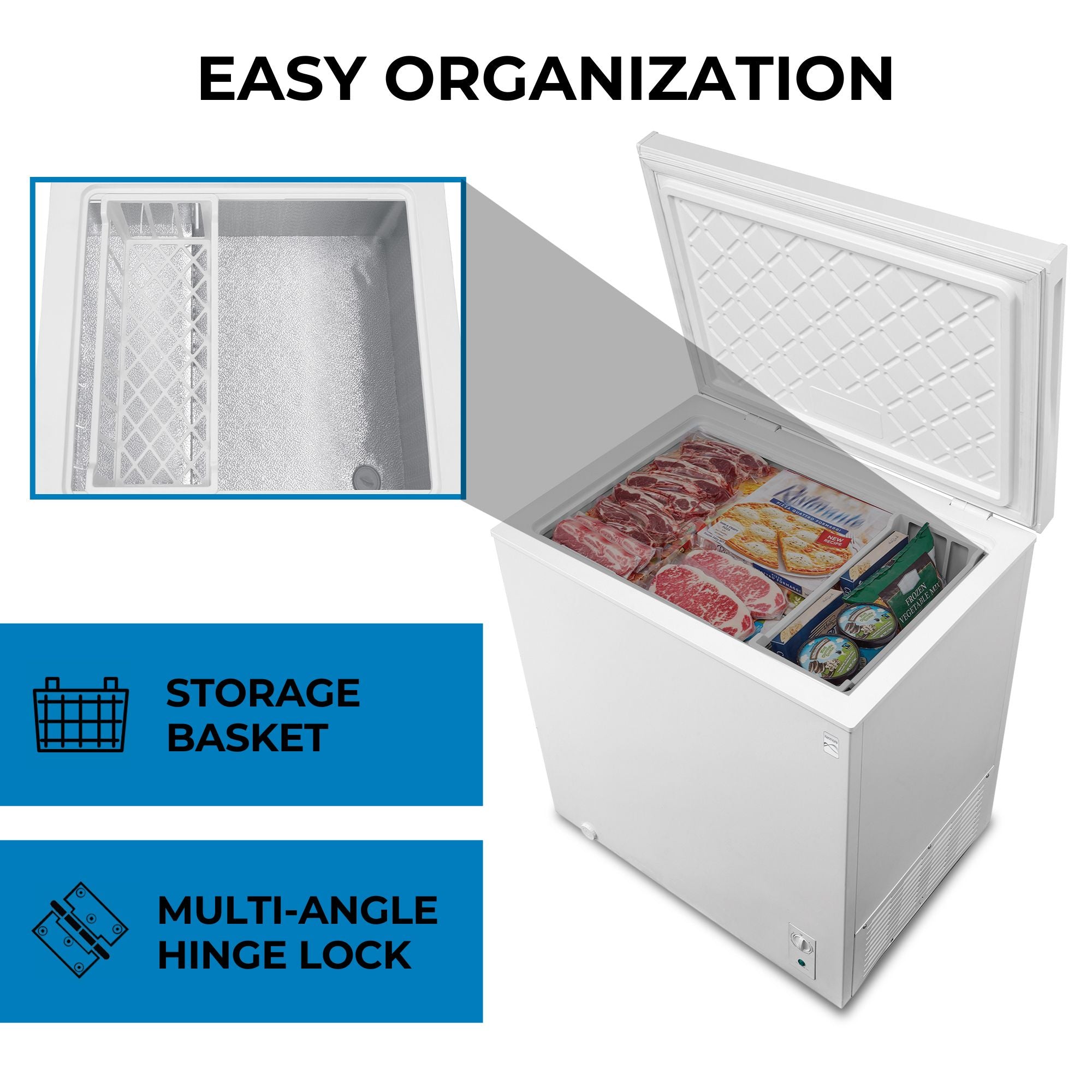 Kenmore convertible deep freeze, open and filled with food items, on a white background with an inset closeup showing the storage basket. Text above reads, "Easy organization," and text below reads, "Removable hanging basket; multi-angle hinge lock"