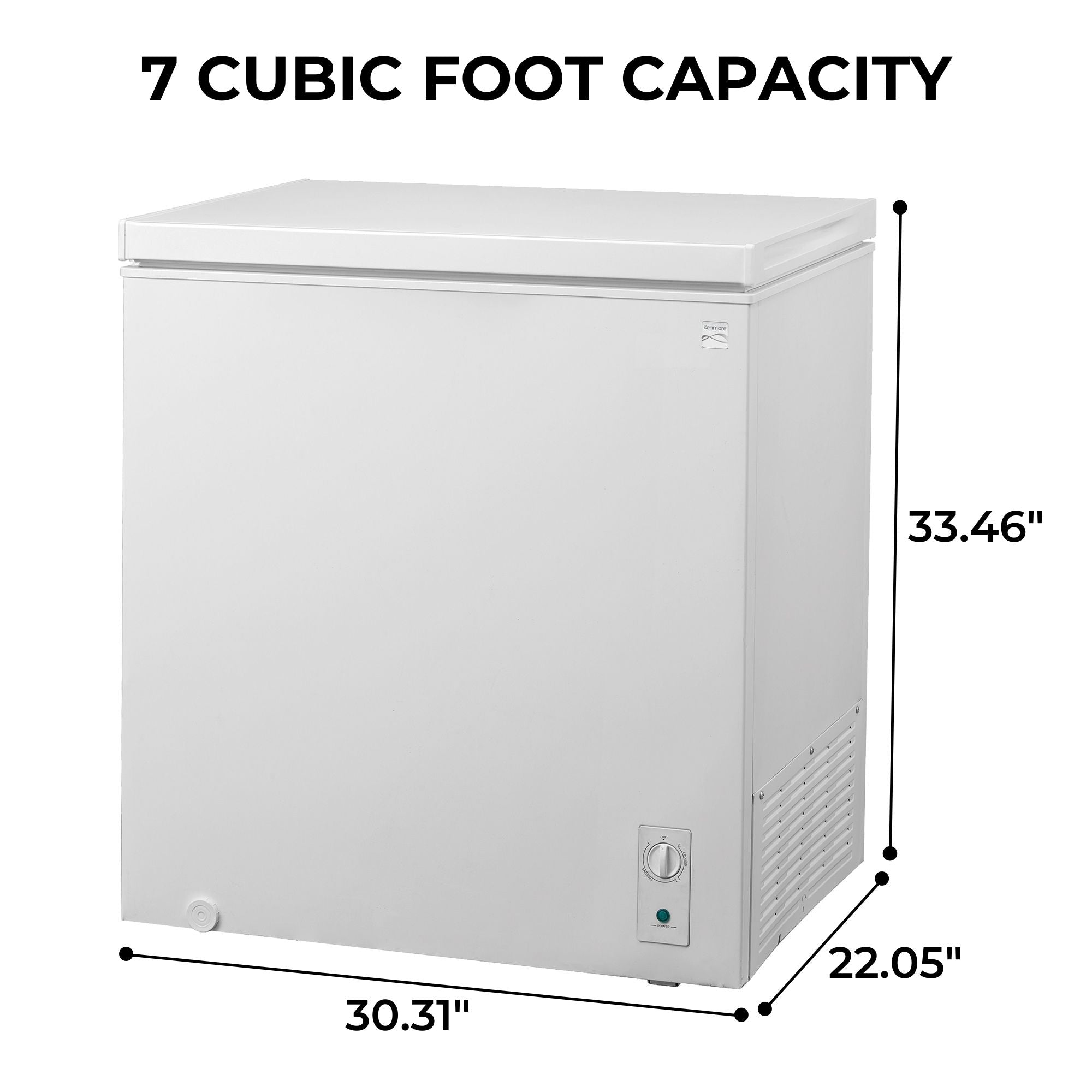 Kenmore convertible chest freezer on a white background with dimensions labeled and text above reading, "7 cubic foot capacity"