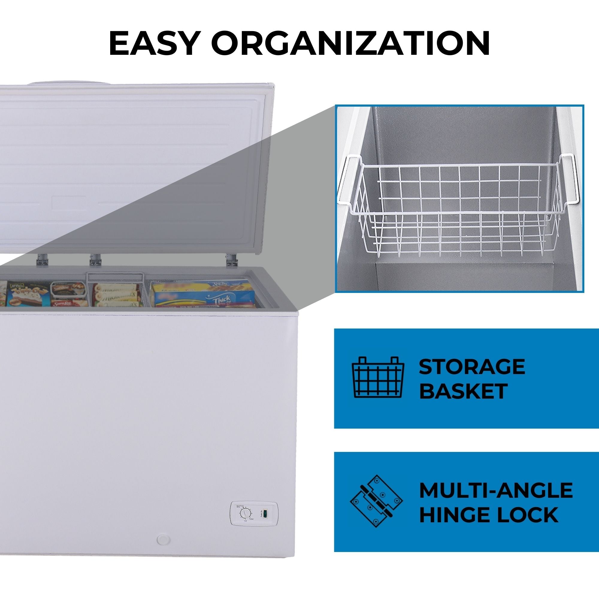 Kenmore deep freeze, open and filled with food items, on a white background with an inset closeup showing the storage basket. Text above reads, "Easy organization," and text below reads, "Storage basket; multi-angle hinge lock"