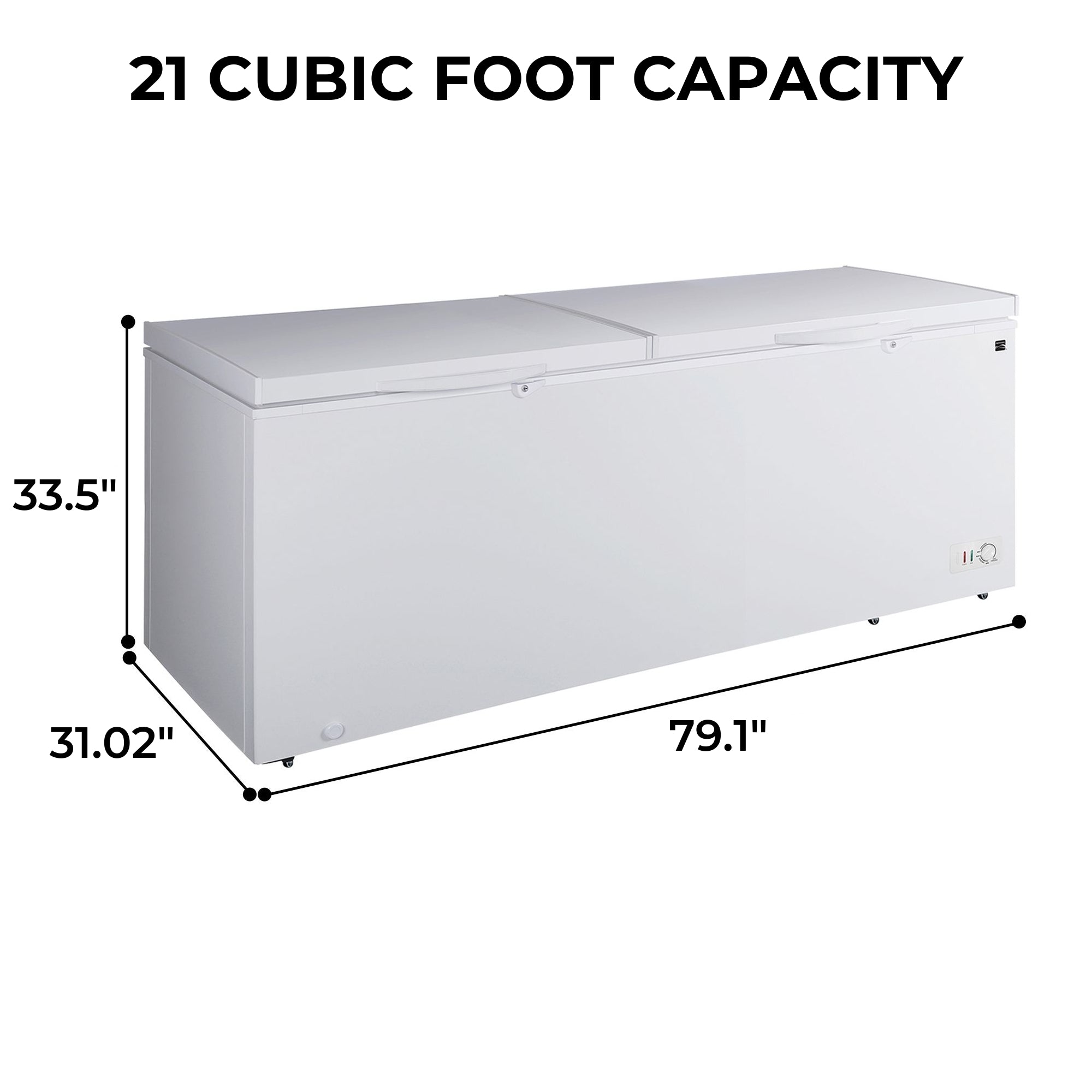 Kenmore convertible chest freezer on a white background with dimensions labeled and text above reading, "21 cubic foot capacity"