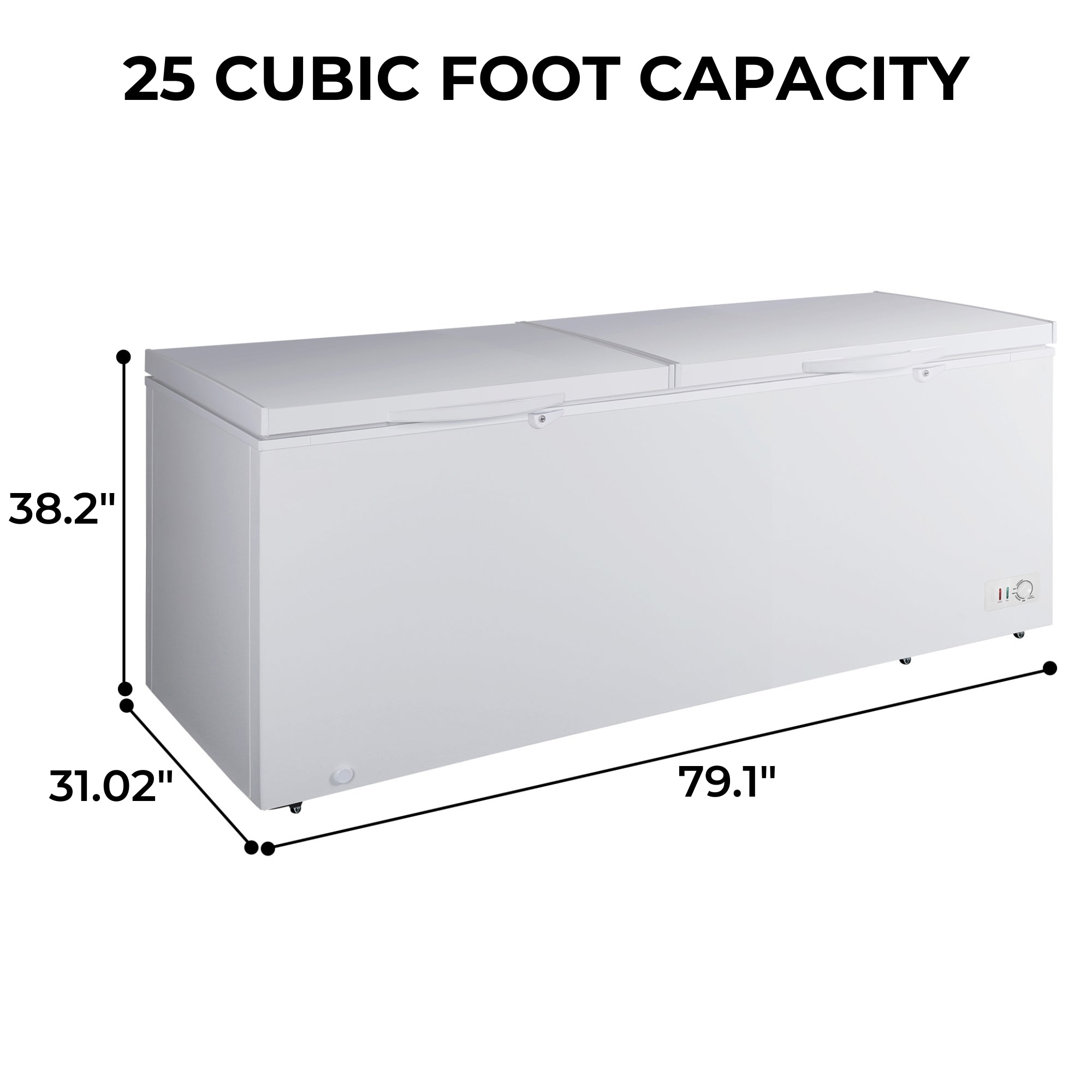 Kenmore convertible chest freezer on a white background with dimensions and capacity labeled