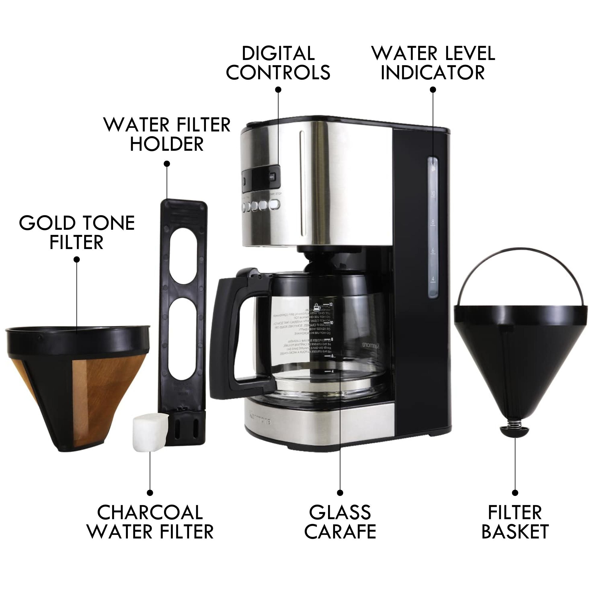 Kenmore 12 cup programmable coffeemaker on a white background with parts and accessories labeled: Water filter holder; digital controls; water level indicator; gold tone filter; charcoal water filter; glass carafe; filter basket