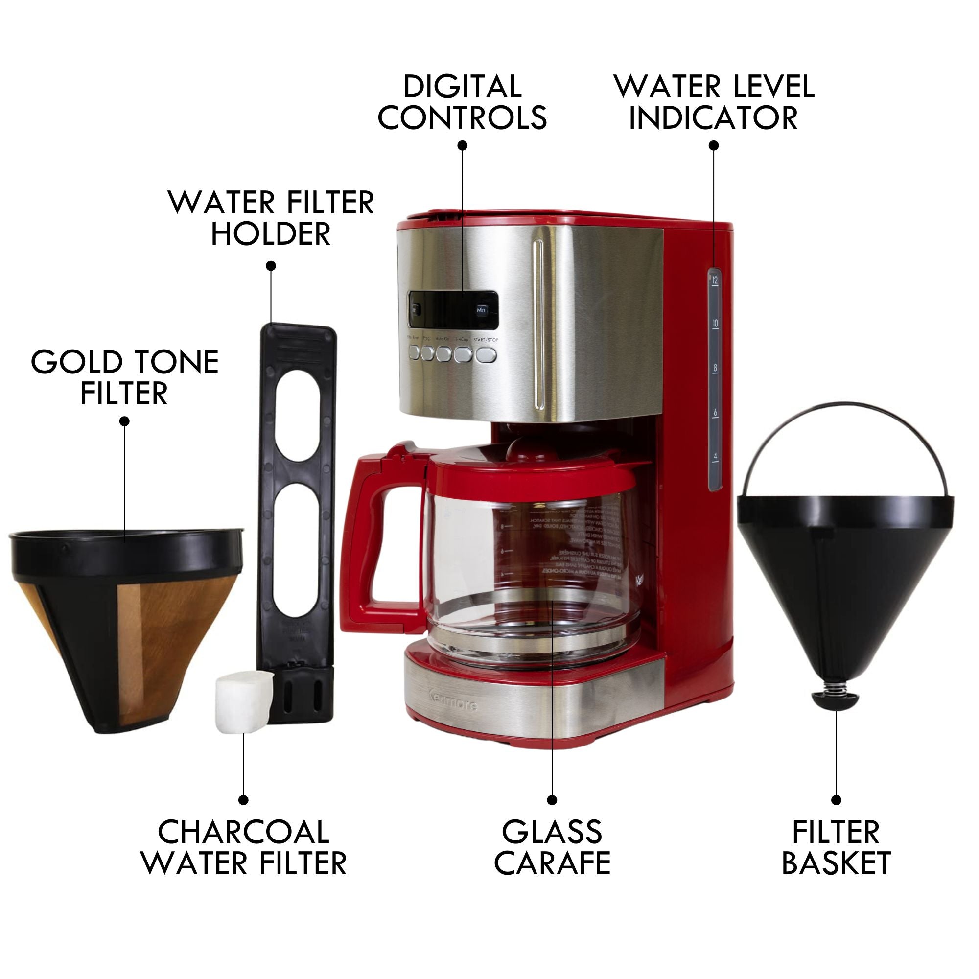 Kenmore 12 cup programmable coffeemaker on a white background with parts and accessories labeled: Water filter holder; digital controls; water level indicator; gold tone filter; charcoal water filter; glass carafe; filter basket