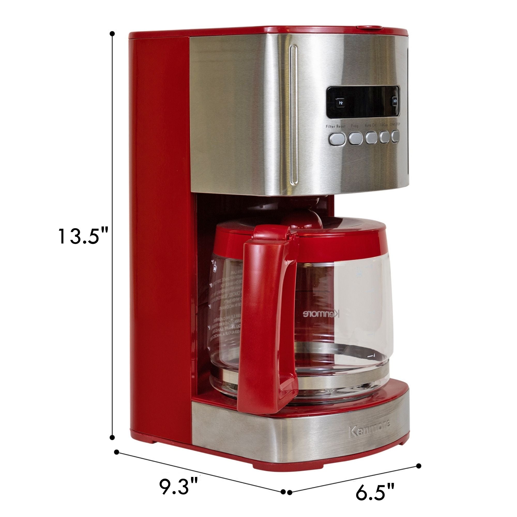Kenmore 12 cup programmable coffeemaker on a white background with dimensions labeled