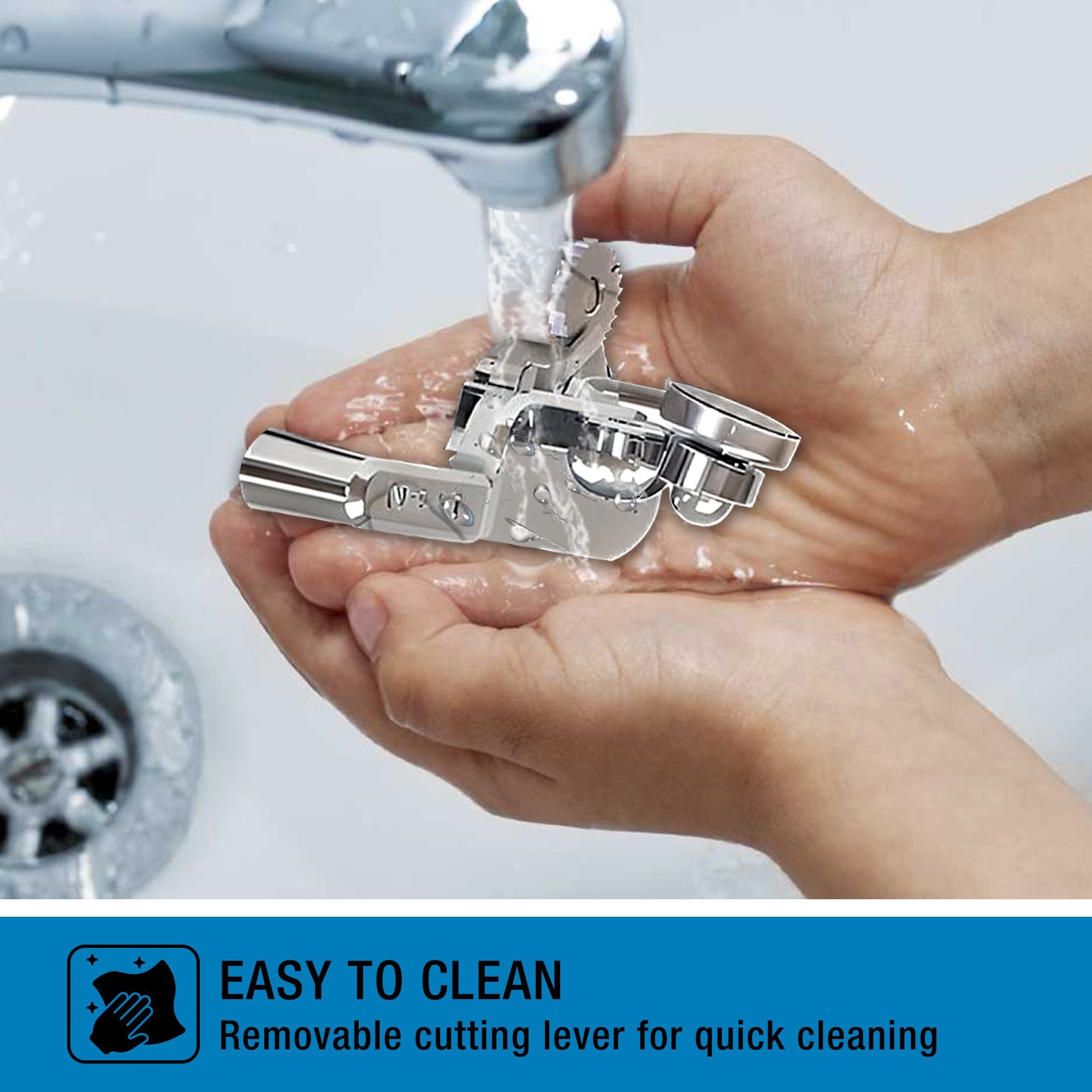 Detachable cutting lever in a person's cupped hands being washed under running water from a faucet. Text below reads, "EASY TO CLEAN: Removable cutting lever for quick cleaning"