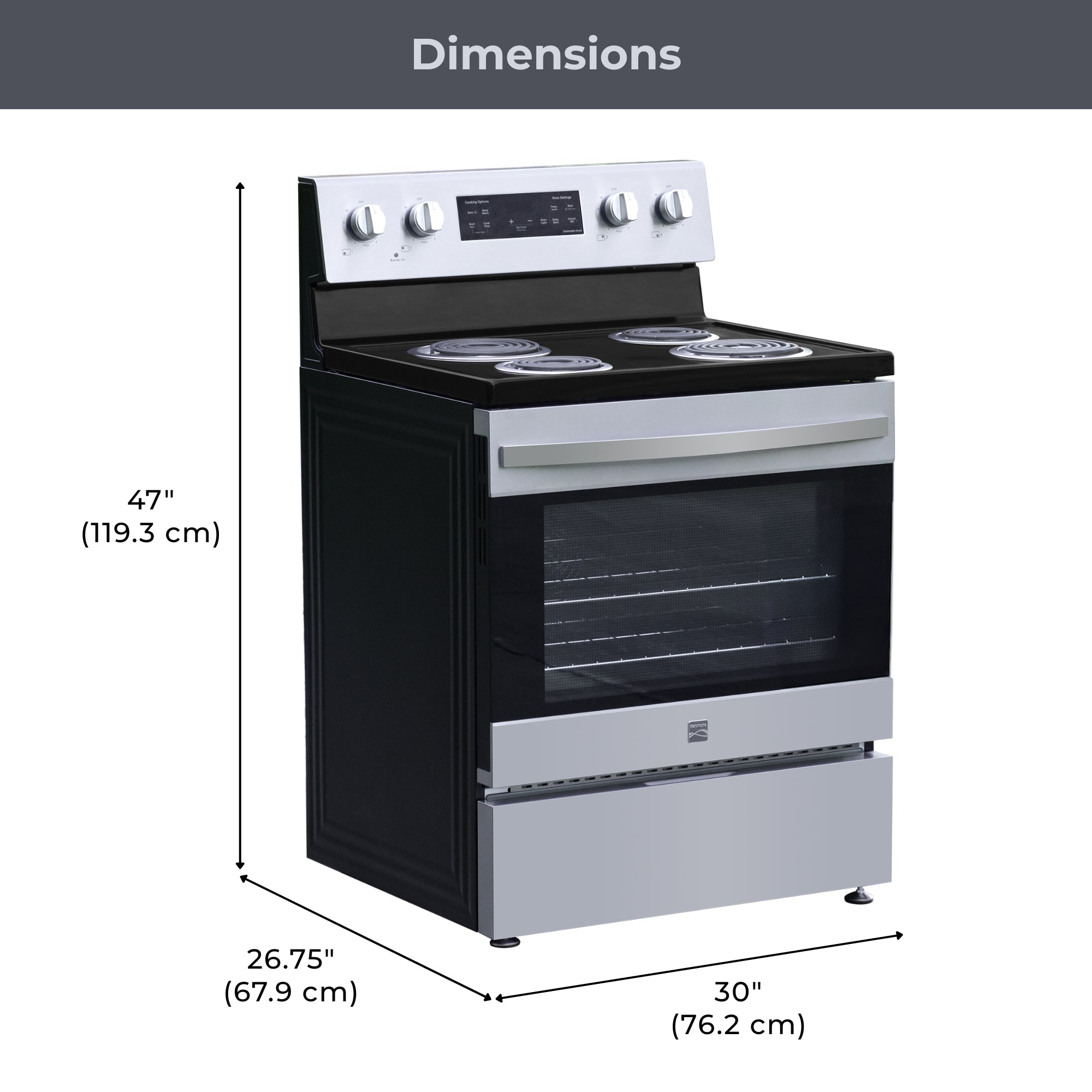 Kenmore stainless steel electric range on a white background, with dimensions labeled