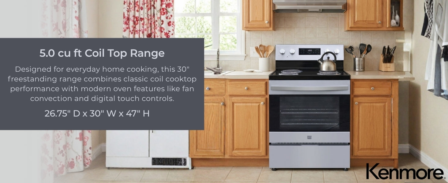 Kenmore stainless steel electric range installed in a bright kitchen between wood cabinets with text to the left reading, "5.0 cu ft Coil Top Range: Designed for everyday home cooking, this freestanding 30" range combines classic coil cooktop performance with modern oven features like fan convection and digital touch controls. 26.75" D x 30" W x 47" H"