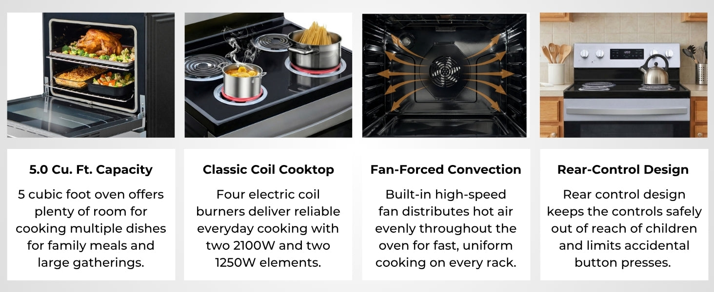 Four images with text below describe features of the Kenmore stainless steel electric range: 5.0 Cu. Ft. Capacity; Classic Coil Cooktop; Fan-Forced Convection; Rear-Control Design