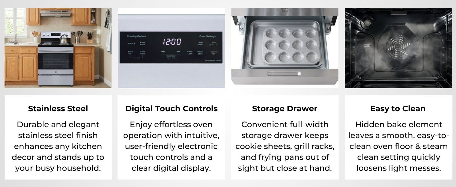 Four images with text below describe features of the Kenmore stainless steel electric range: Stainless Steel; Digital Touch Controls; Storage Drawer; Easy to Clean