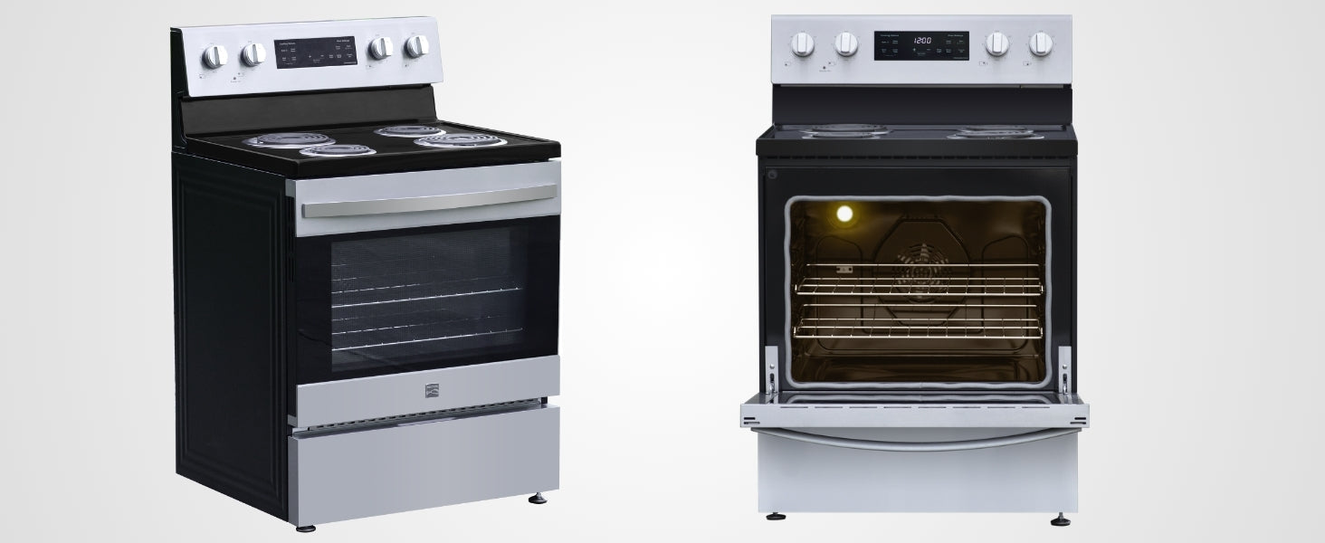 Two views of the Kenmore stainless steel electric range, one closed and one open, on a gray background