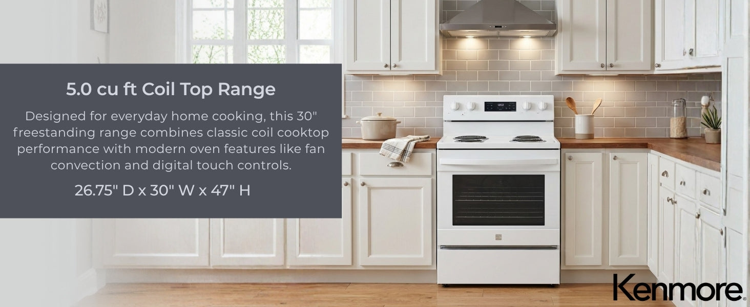 Kenmore stainless steel electric range installed in a bright kitchen between wood cabinets with text to the left reading, "5.0 cu ft Coil Top Range: Designed for everyday home cooking, this freestanding 30" range combines classic coil cooktop performance with modern oven features like fan convection and digital touch controls. 26.75" D x 30" W x 47" H"