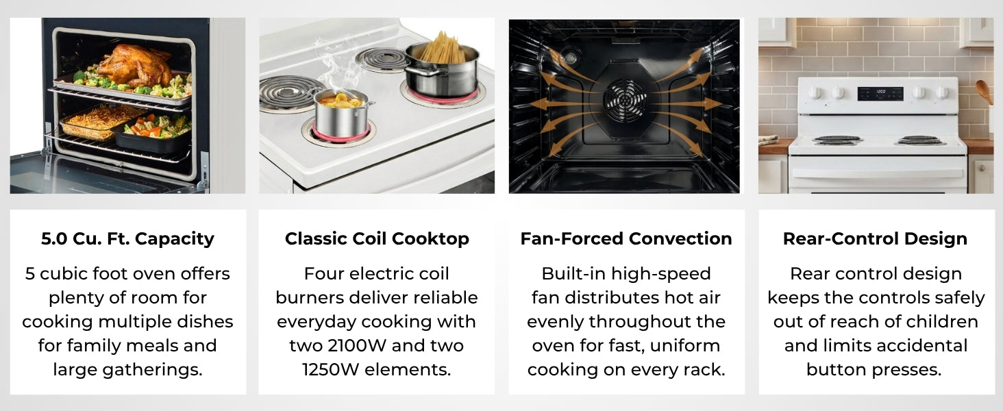 Four images with text below describe features of the Kenmore stainless steel electric range: Clean White Exterior; Digital Touch Controls; Storage Drawer; Easy to Clean