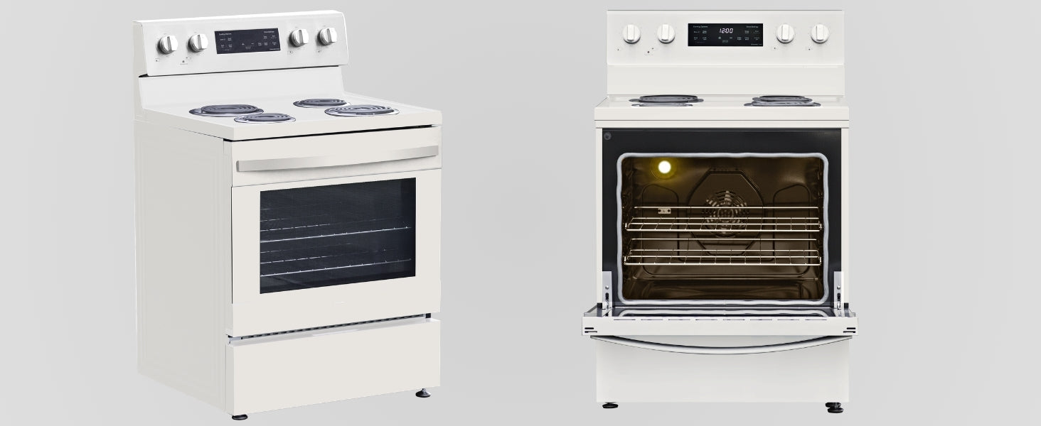 Two views of the Kenmore stainless steel electric range, one closed and one open, on a gray background