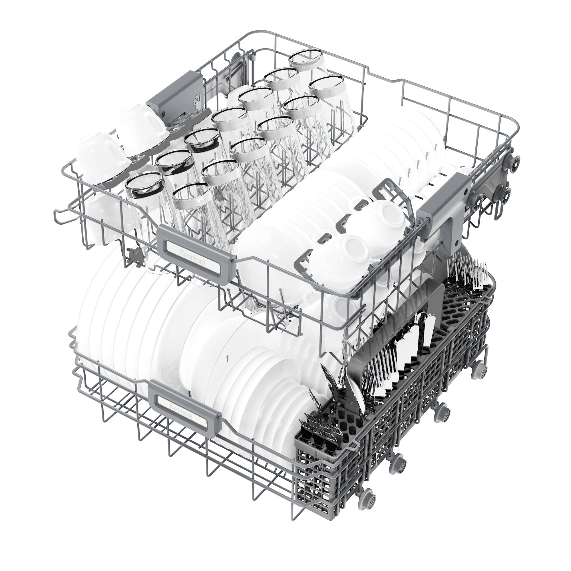 Closeup of the Kenmore ultra-quiet 24-inch top control dishwasher racks filled with dishes on a white background