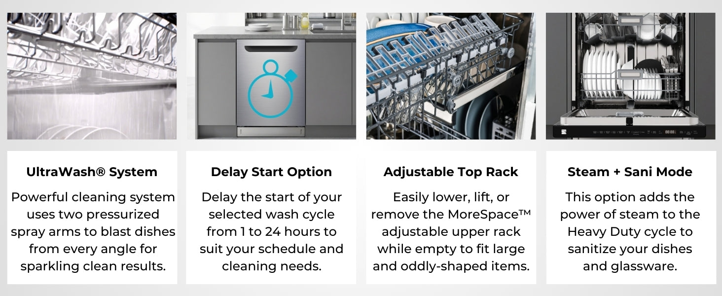 Four images with text below describe features of the Kenmore 24-in top control dishwasher: UltraWash system; Delay Start option; Adjustable top rack; Steam + Sani mode