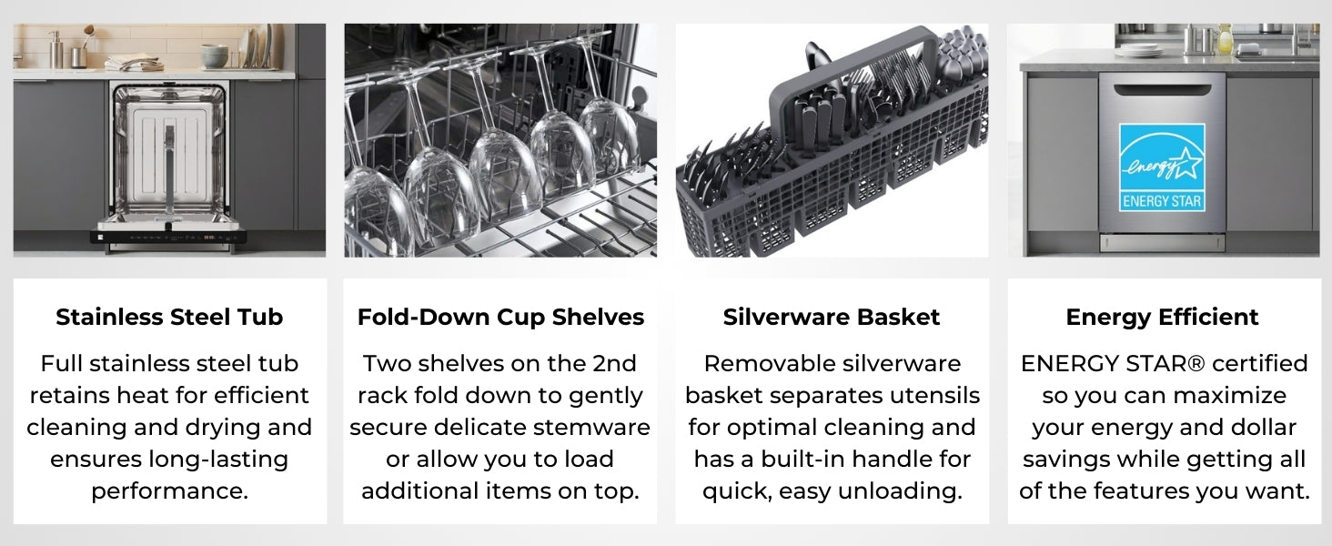 Four images with text below describe features of the Kenmore 24-in top control dishwasher: Stainless steel tub; fold-down cup shelves; silverware basket; energy efficient