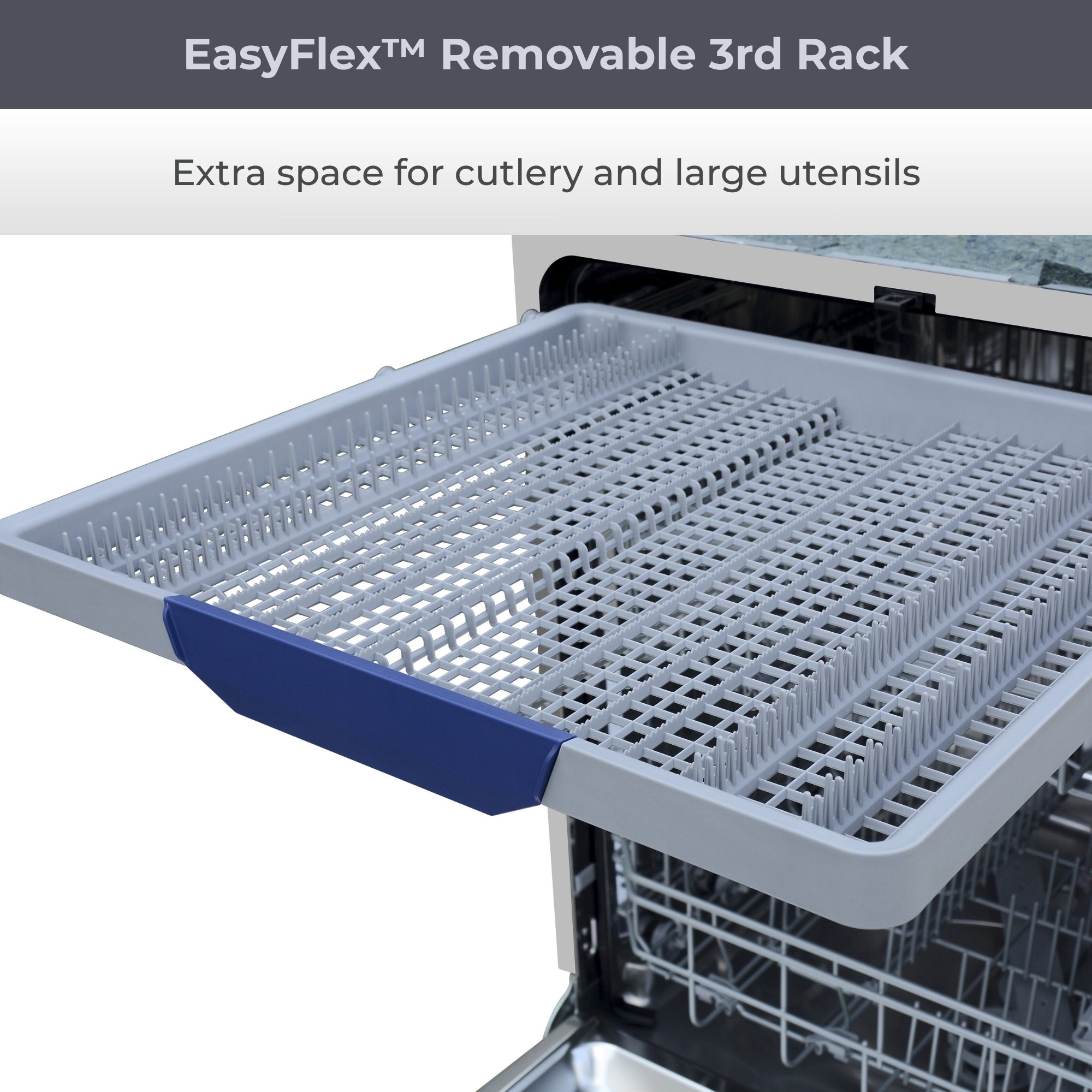 Closeup of the removable third rack on the Kenmore dishwasher. Text above reads, "EasyFlex removable 3rd rack: Extra space for cutlery and large utensils." 