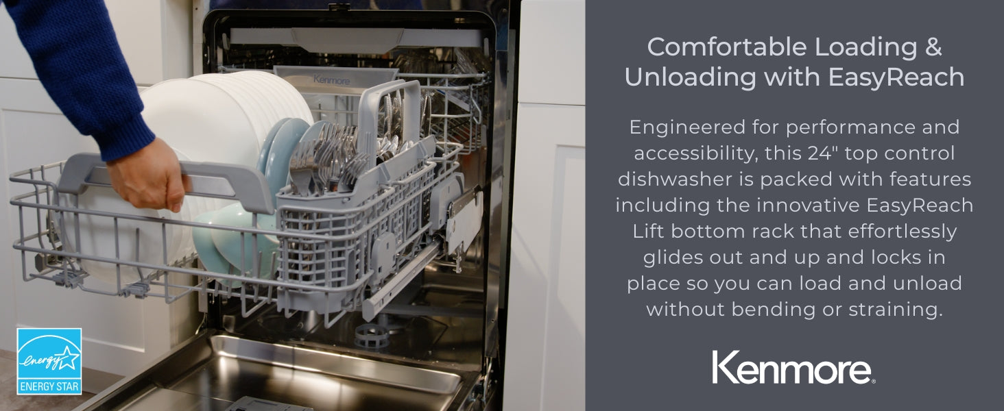 Closeup of a person’s hand raising the EasyReach lift bottom rack. Text to the right reads, "Comfortable Loading & Unloading with EasyReach: Engineered for performance and accessibility, this 24" top control dishwasher is packed with features including the innovative EasyReach Lift bottom rack that effortlessly glides out and up and locks in place so you can load and unload without bending or straining."