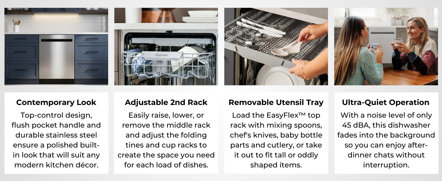 Four images with text describe features of the Kenmore 24-inch EasyReach Lift dishwasher: Contemporary Look; Adjustable 2nd Rack; Removable Utensil Tray; Ultra-Quiet Operation