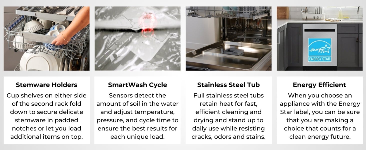 Four images with text describe features of the Kenmore 24-inch EasyReach Lift dishwasher: Stemware Holders; SmartWash Cycle; Stainless Steel Tub; Energy Efficient