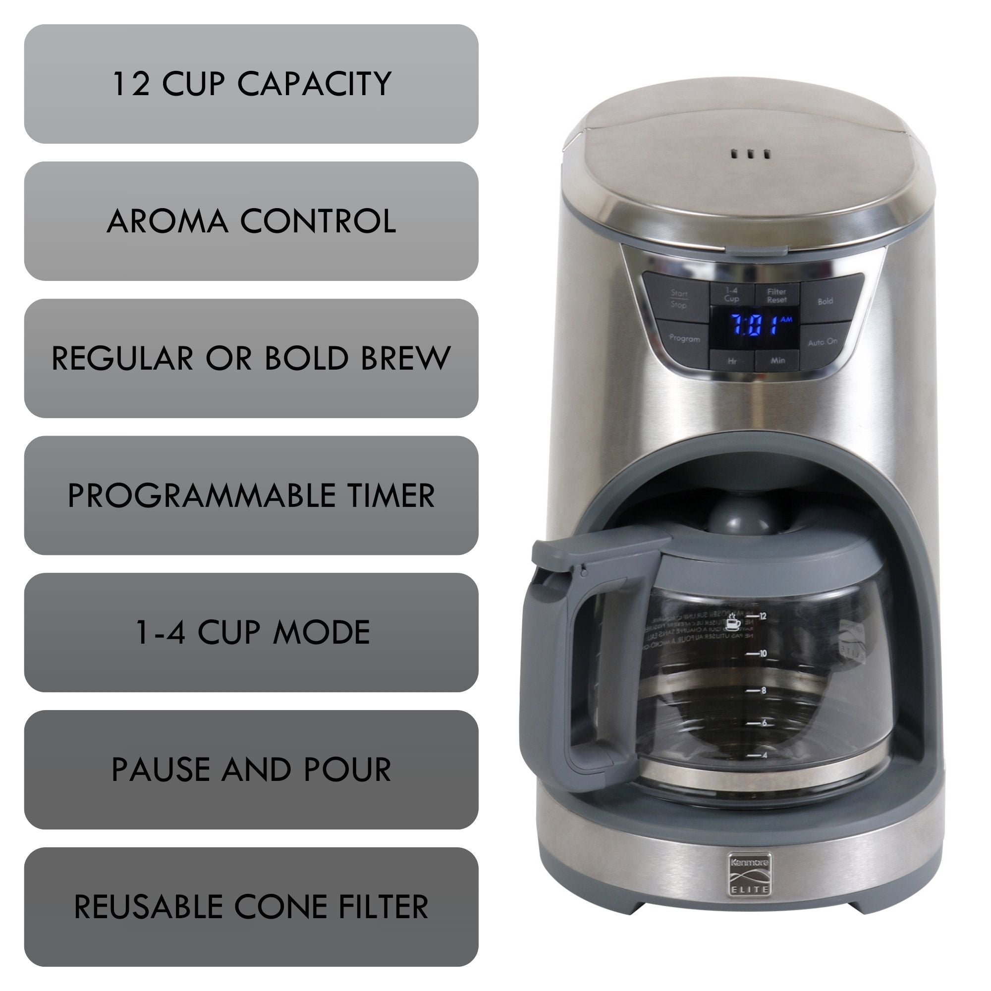 Kenmore Elite 12 cup programmable coffeemaker on a white background on the right with a list of features to the left: 12 cup capacity; aroma control; regular or bold brew; programmable timer; 1-4 cup mode; pause and pour; reusable cone filter