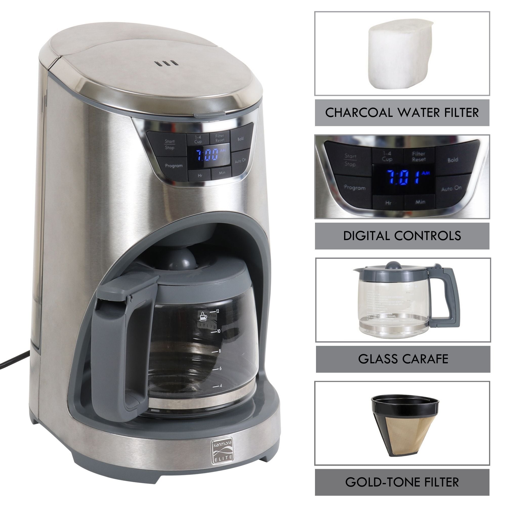 Kenmore Elite 12 cup programmable coffeemaker on a white background on the left with four closeup images on the right of parts, labeled: charcoal water filter; digital controls; glass carafe; gold-tone filter