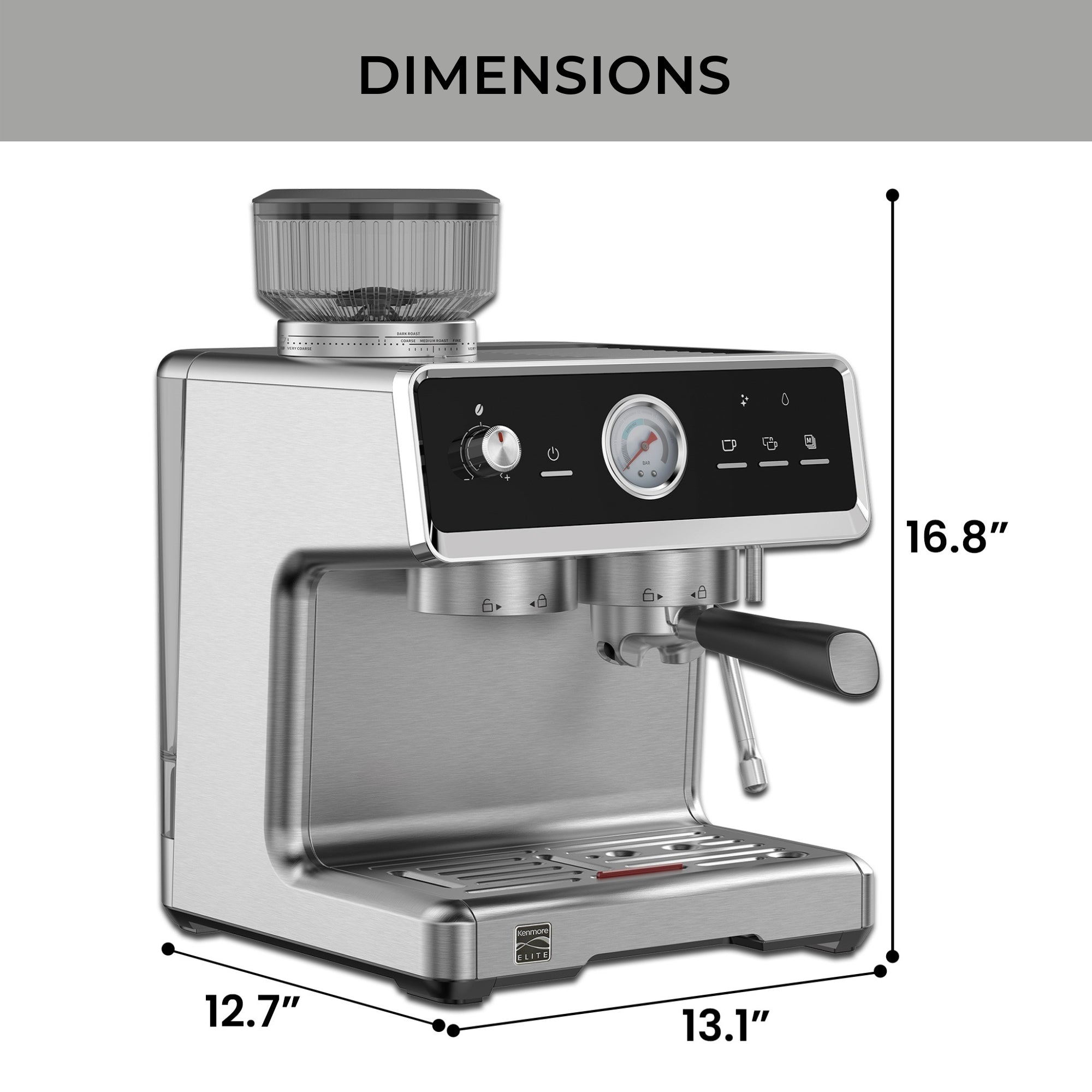 Kenmore Elite Self-Tamping Espresso Machine With Grinder | Hands-Free Grind & Tamp Semi-Automatic Coffee Maker | 15 Bar Italian Pump | Microfoam Milk Frother | Conical Burr Grinder | Stainless Steel