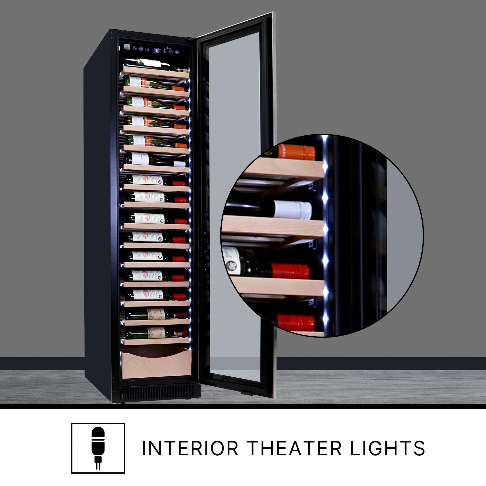 Kenmore Elite 112 bottle premium wine chiller, open and filled with wine bottles, with an inset closeup showing the full-surround LED display lighting. Text below reads, "Interior theater lights"
