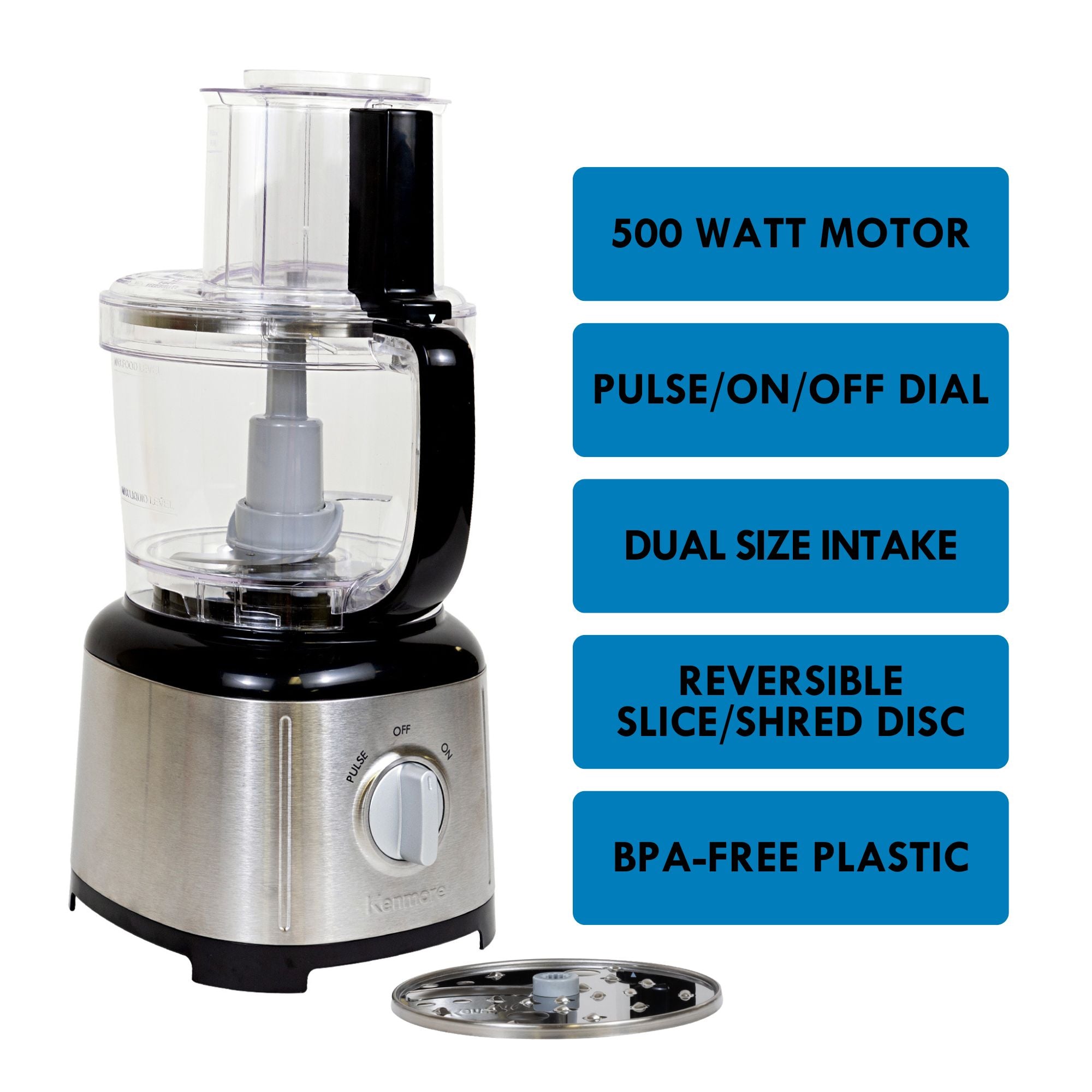 Kenmore 11 cup food processor and vegetable chopper on a white background on the left with a list of features to the right: 500 watt motor; pulse/on/off dial; dual size intake; slice/shred disc; BPA free plastic