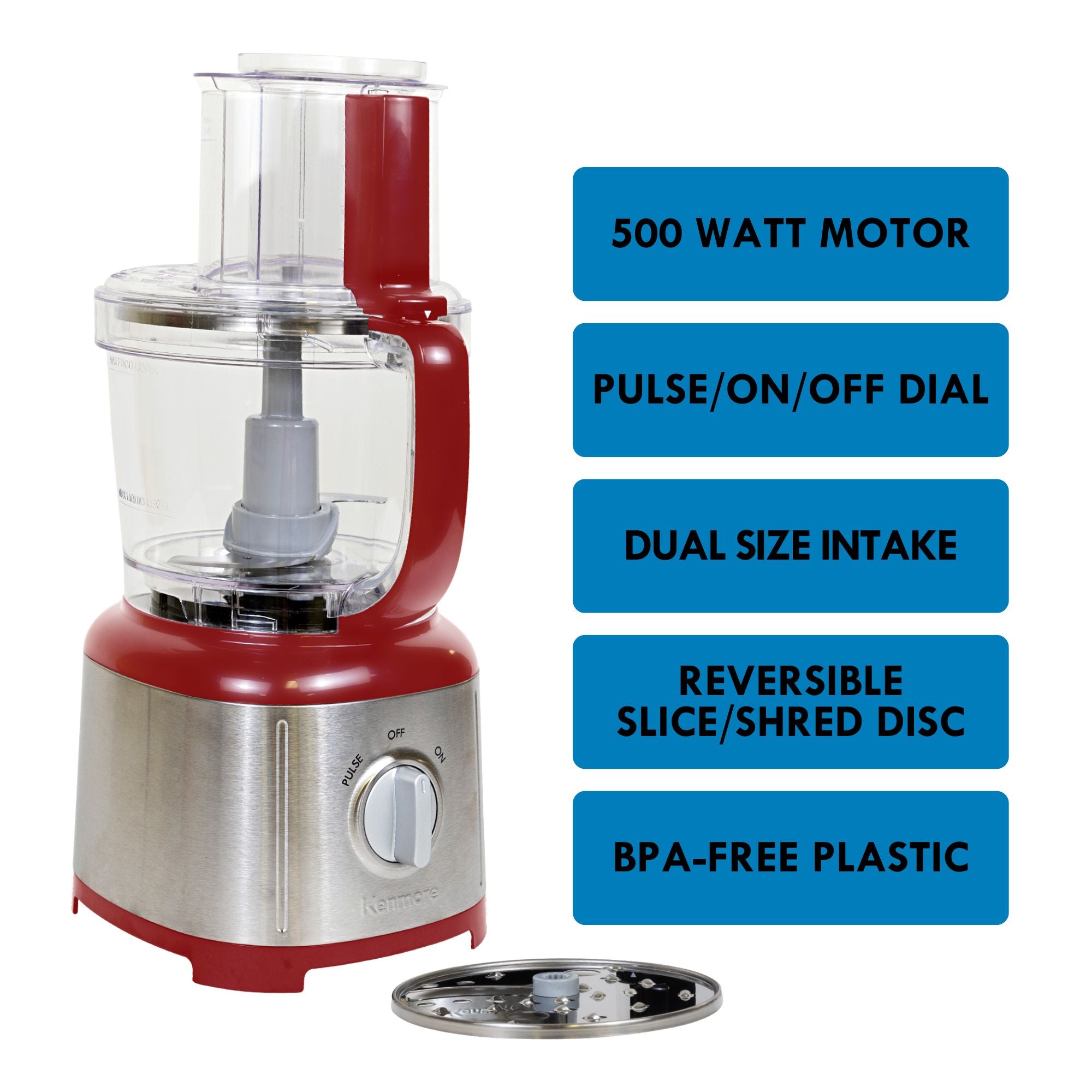 Kenmore 11 cup food processor and vegetable chopper on a white background on the left with a list of features to the right: 500 watt motor; pulse/on/off dial; dual size intake; slice/shred disc; BPA free plastic