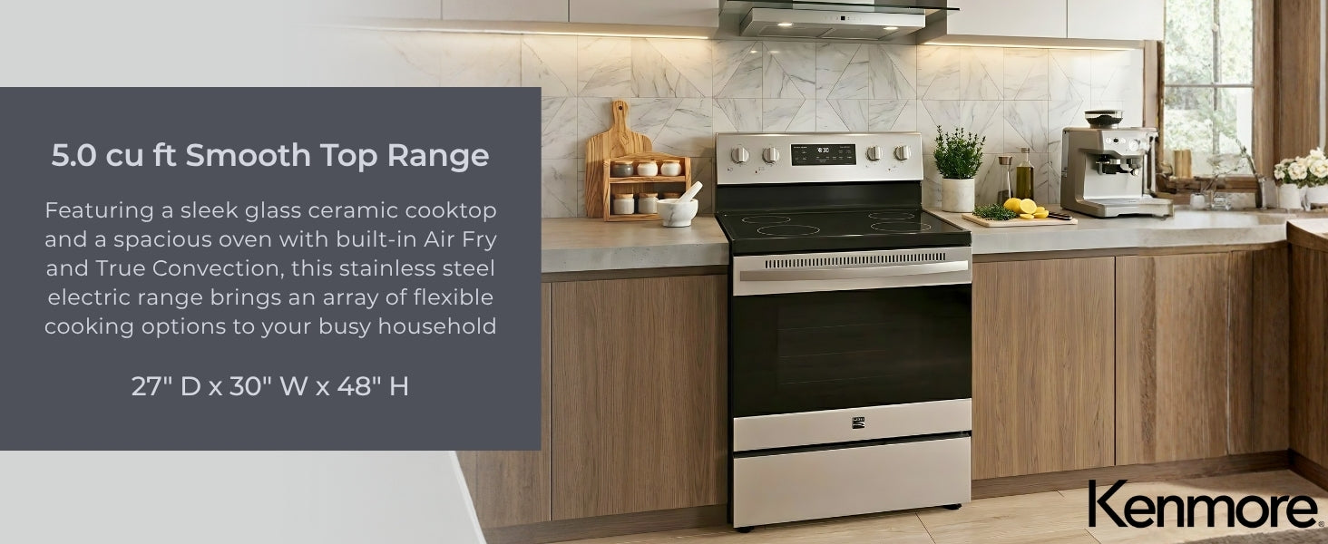 Kenmore stainless steel electric range installed in a bright, modern kitchen with text to the left reading, "5.0 cu ft Smooth Top Range: Featuring a sleek glass ceramic cooktop and a spacious oven with built-in Air Fry and True Convection, this stainless steel electric range brings an array of flexible cooking options to your busy household"