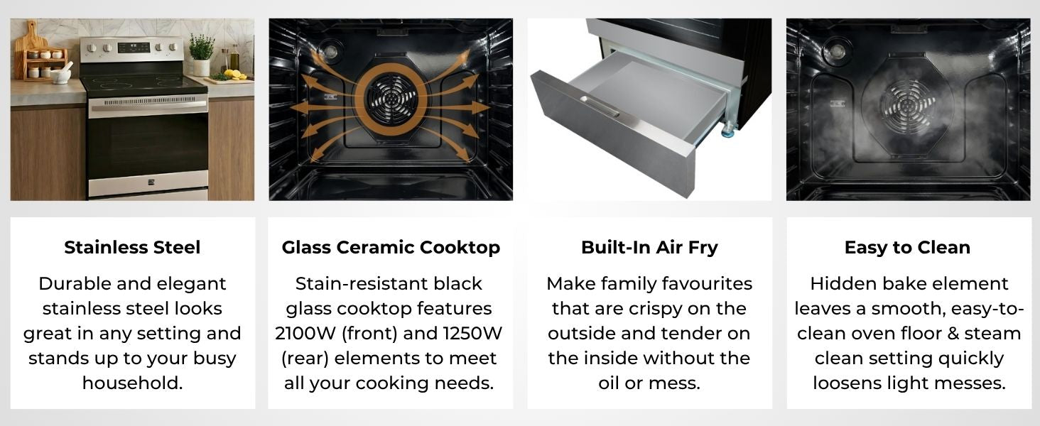 Four images with text below show features of the Kenmore 5.0 smooth top range: Stainless Steel; true convection; storage drawer; easy to clean