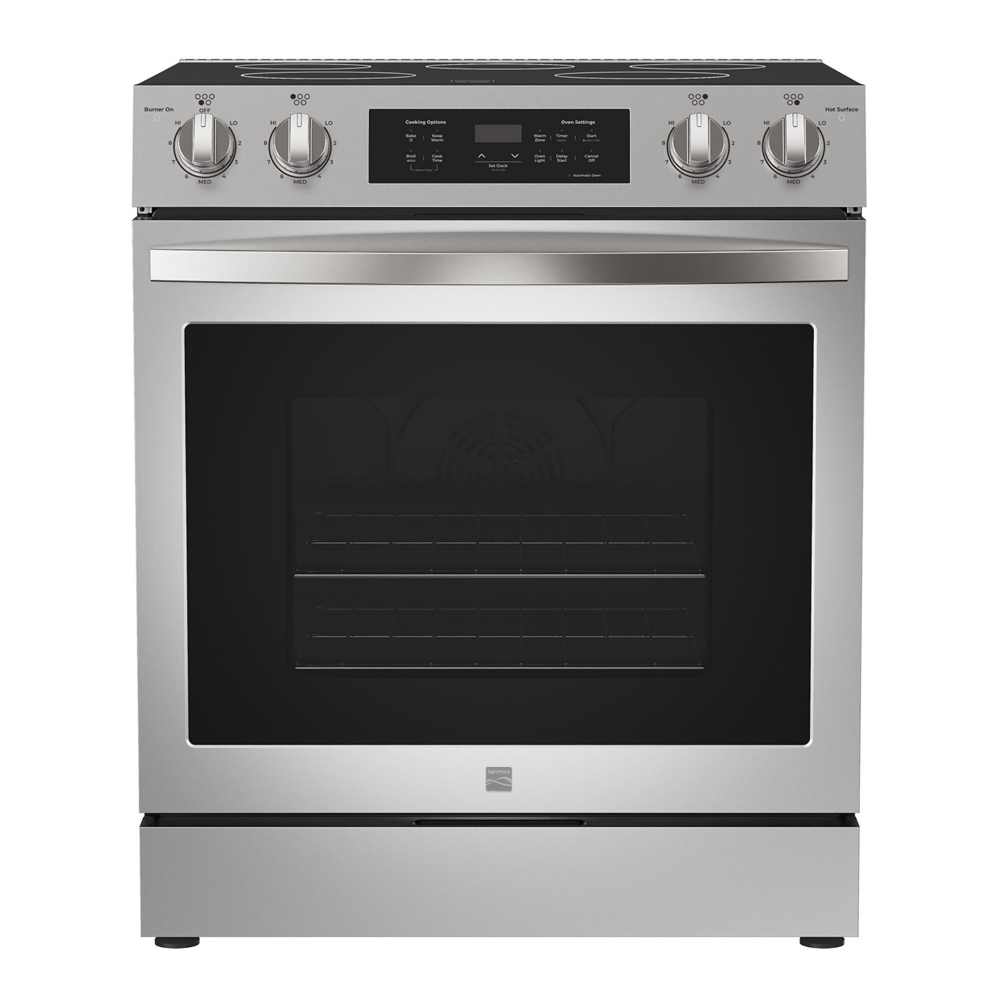 Kenmore stainless steel electric range, closed, on a white background 
