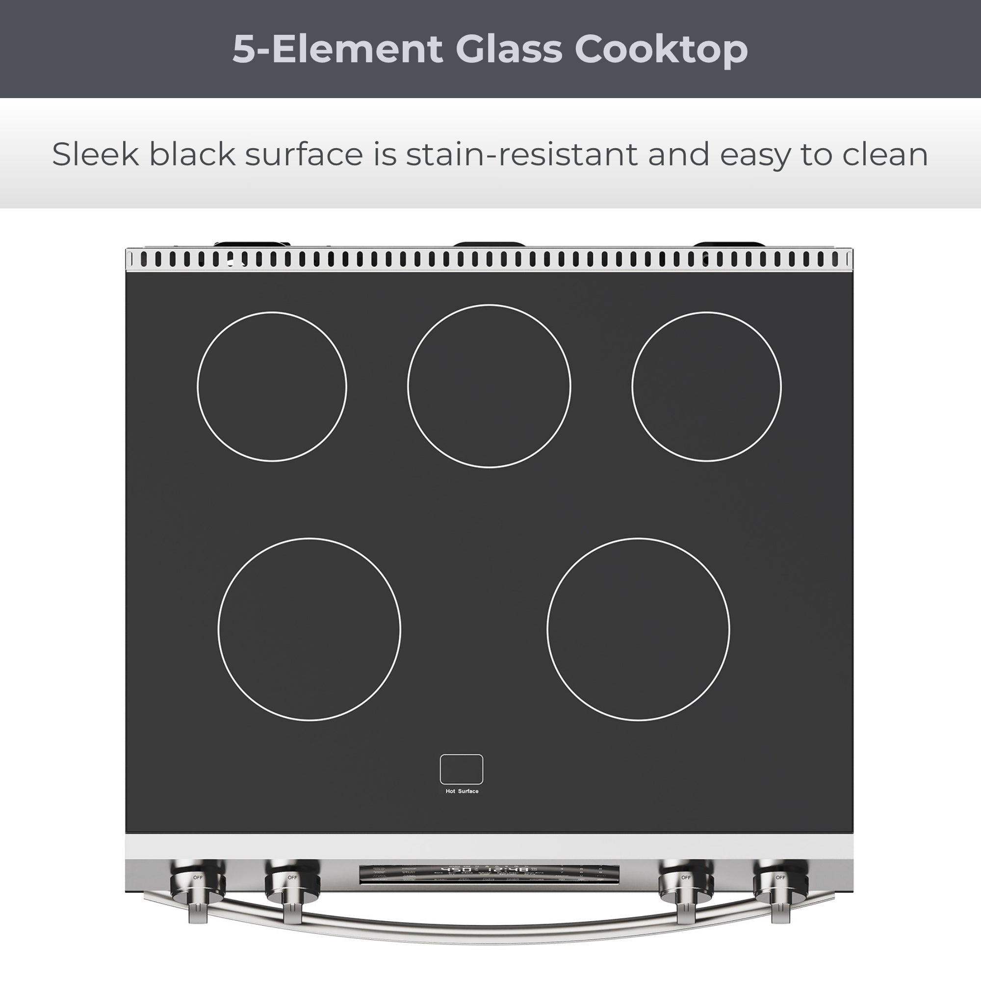 Top view of the Kenmore stainless steel electric range showing the smooth glass ceramic cooktop. Text above reads, "5-Element Glass Cooktop: Sleek black surface is stain-resistant and easy to clean " 