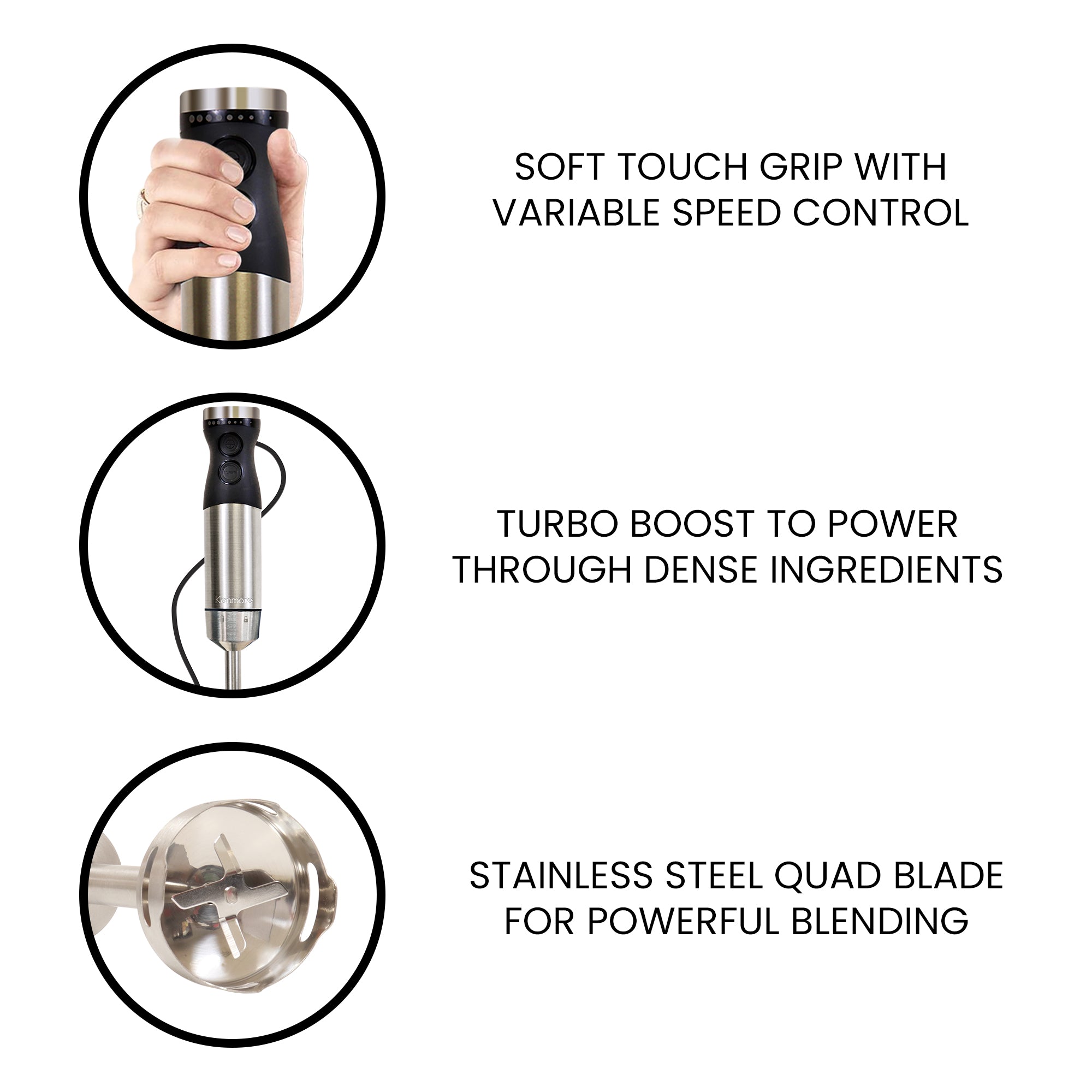 Three closeup images show features: 1. Soft touch grip with variable speed control; 2. Turbo boost to power through dense ingredients; 3. Stainless steel quad blade for powerful blending