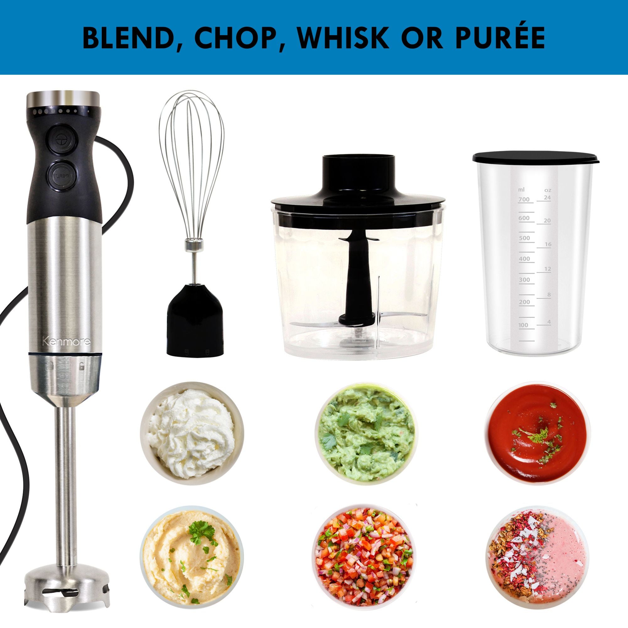 Handheld blender on the left with attachments pictured above small dishes of foods they can be used to make: Whisk attachment above dishes of whipped cream and mayonnaise; chopper above dishes of guacamole and salsa; and beaker with lid above ketchup and a smoothie bowl. Text above reads, "Blend, chop, whisk, or puree"