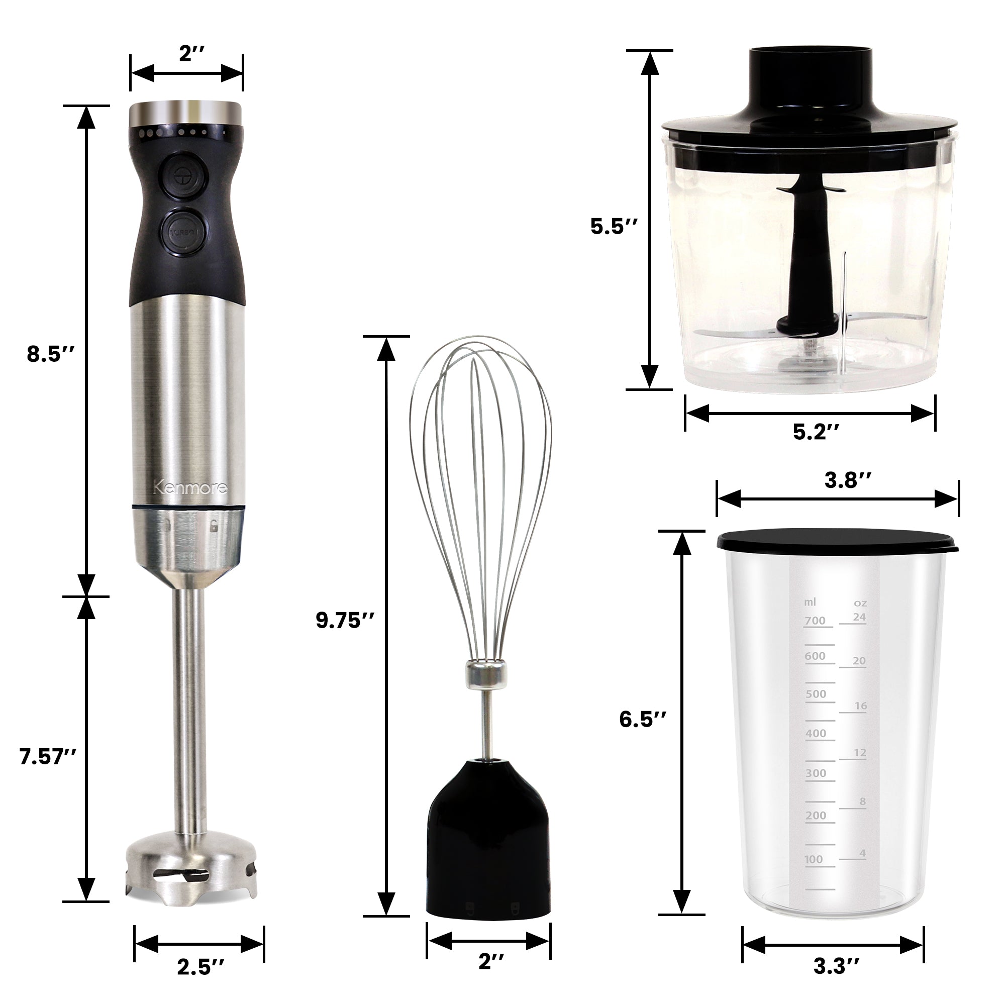 Immersion blender and attachments on a white background with dimensions listed