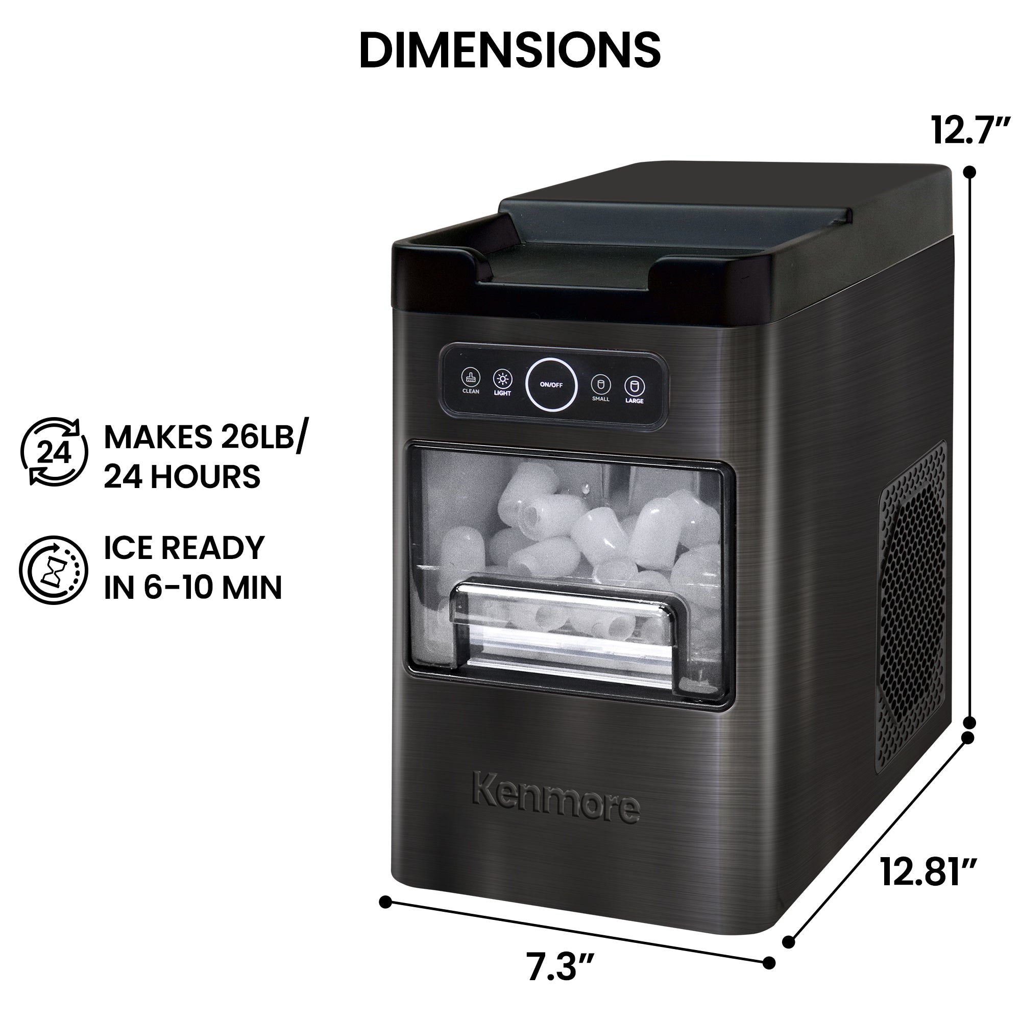 Kenmore portable countertop front-loading ice maker on a white background with dimensions labeled. Text and icons to the left read, "Makes 26 lbs/24 hours" and "Ice ready in 6-10 min"