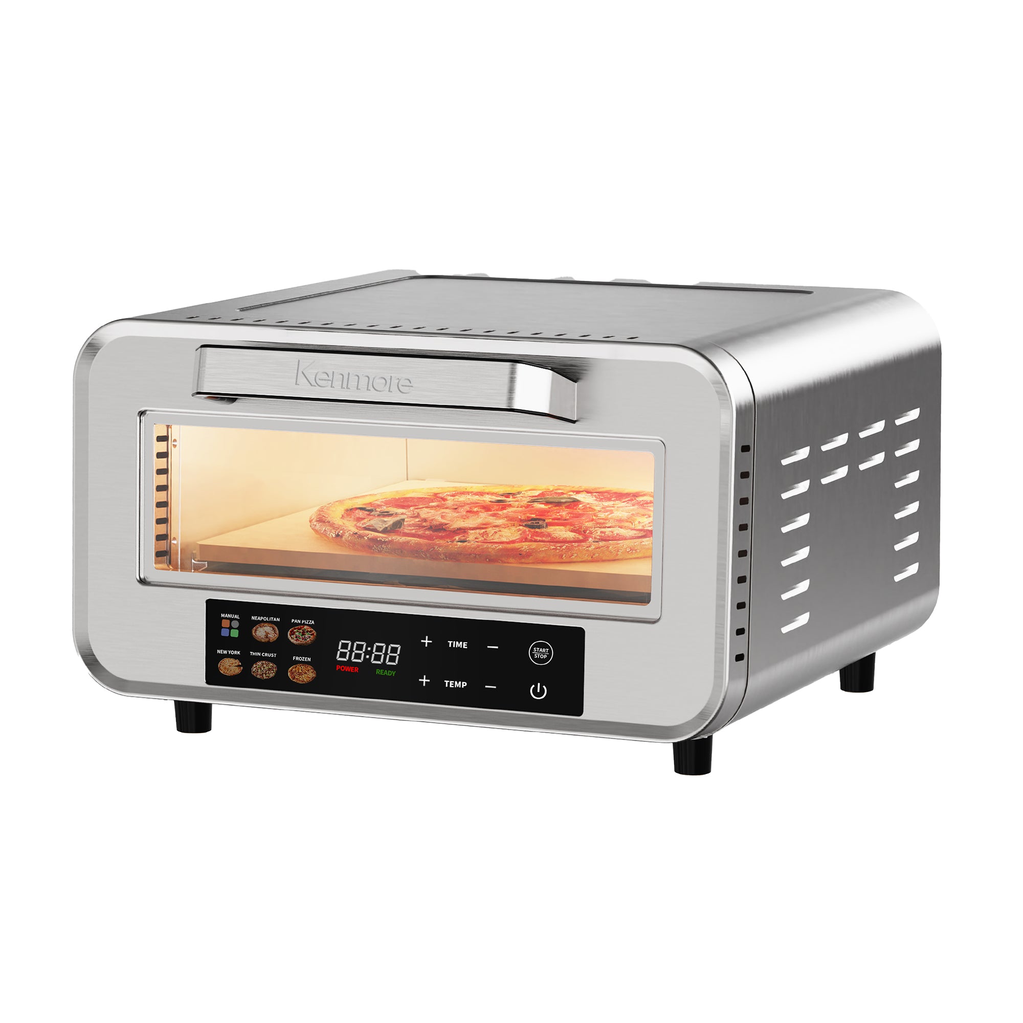 Kenmore indoor electric pizza oven with a pizza cooking inside on a white background