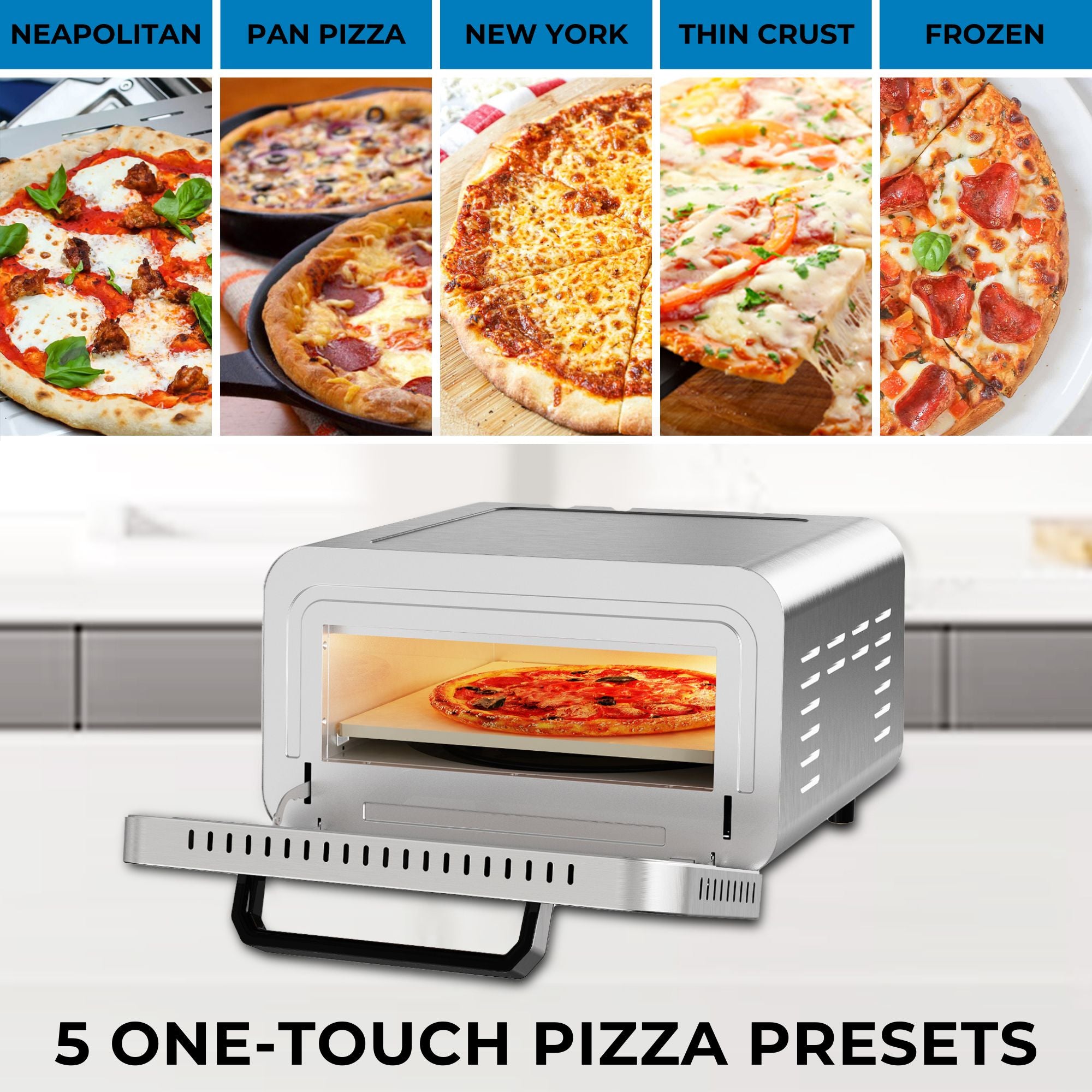 Kenmore electric indoor pizza oven, open with a cooked pizza inside, on a light gray kitchen island. Above are five photos of different types of cooked pizza, labeled: Neapolitan, pan pizza, New York, thin crust, and frozen. Text below reads, "5 one-touch pizza presets"