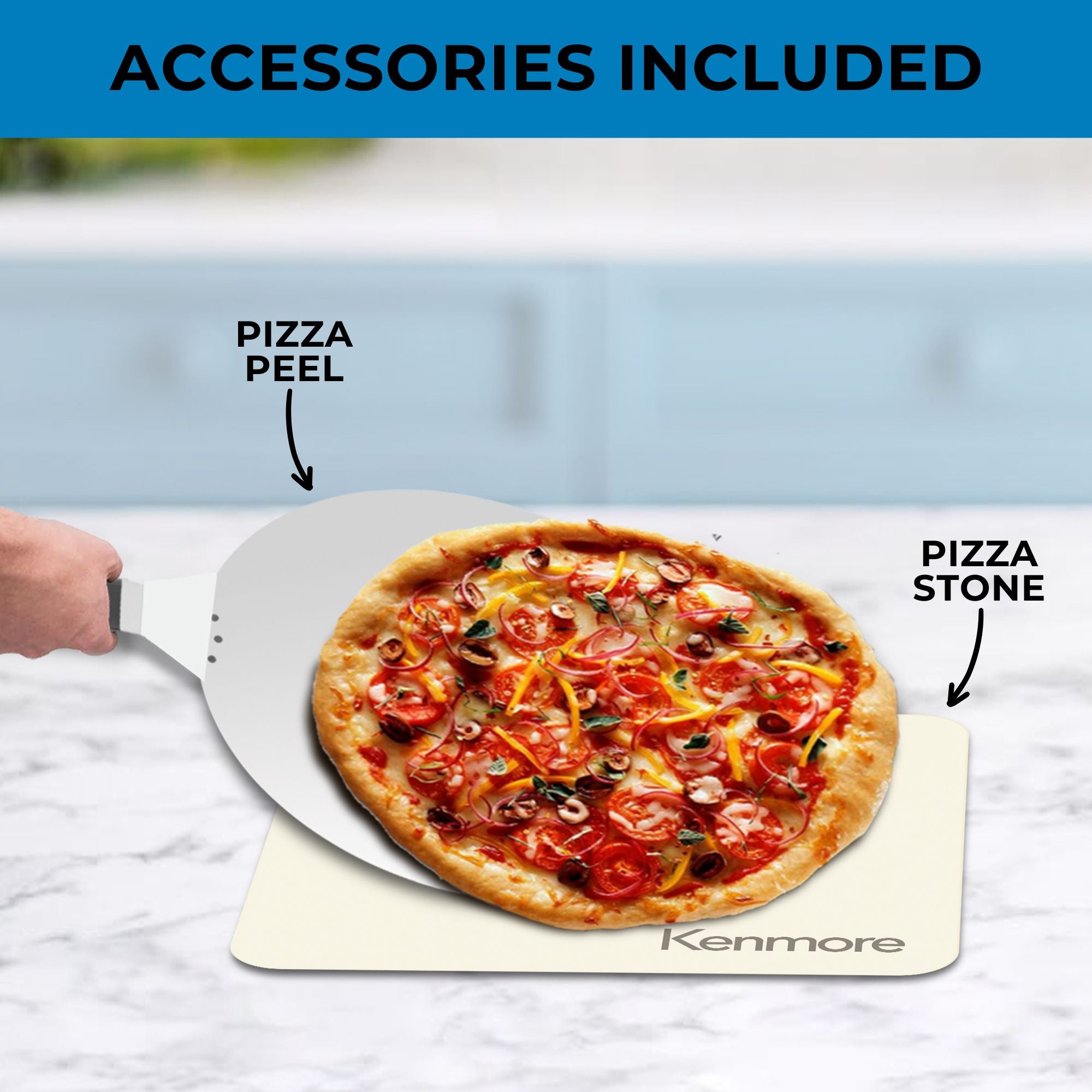 A person's hand using a pizza peel to lift a pizza from the pizza stone with both accessories labeled. Text above reads, "Accessories included"