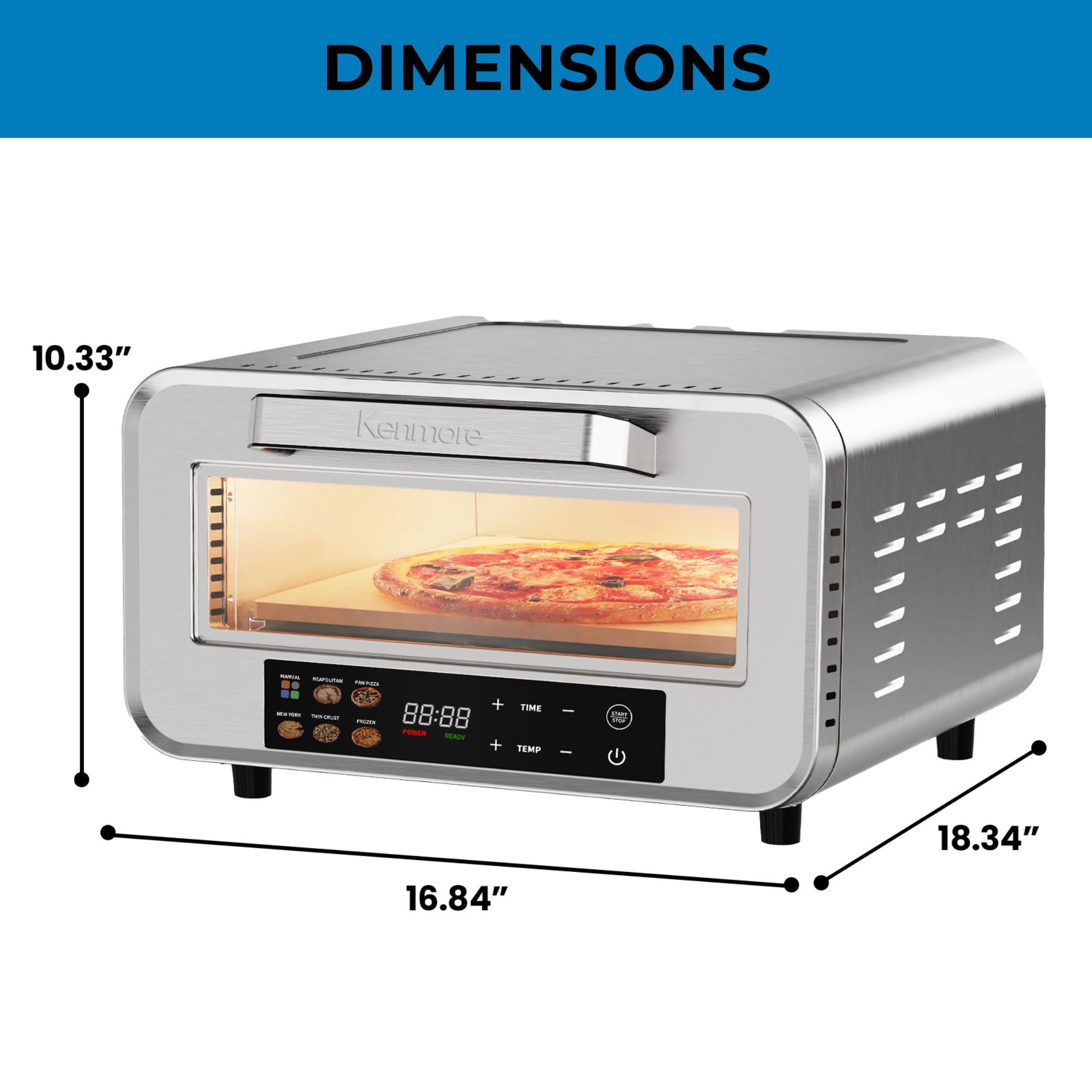 Kenmore countertop electric pizza oven with a pizza cooking inside on a white background with dimensions labeled