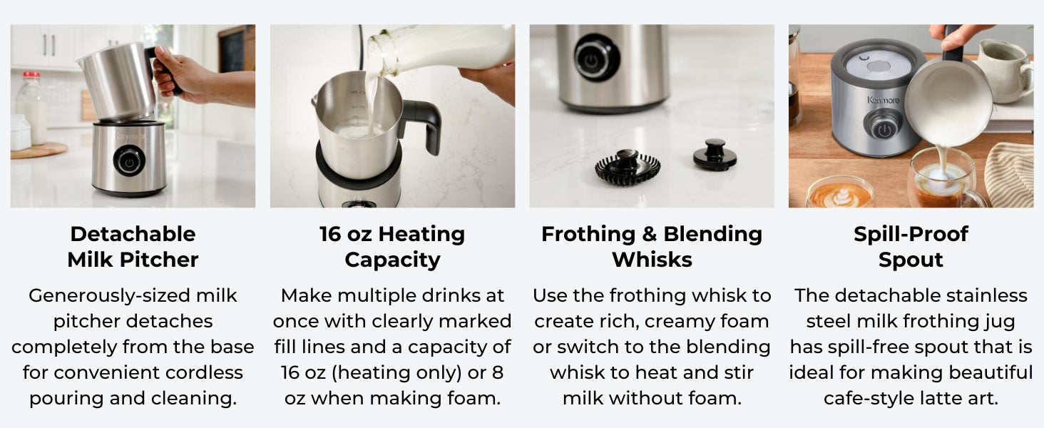 Four images with text below describe features of the Kenmore stainless steel automatic milk frother: Detachable Milk Pitcher; 16 oz Heating Capacity; Frothing & Blending Whisks; Spill-Proof Spout