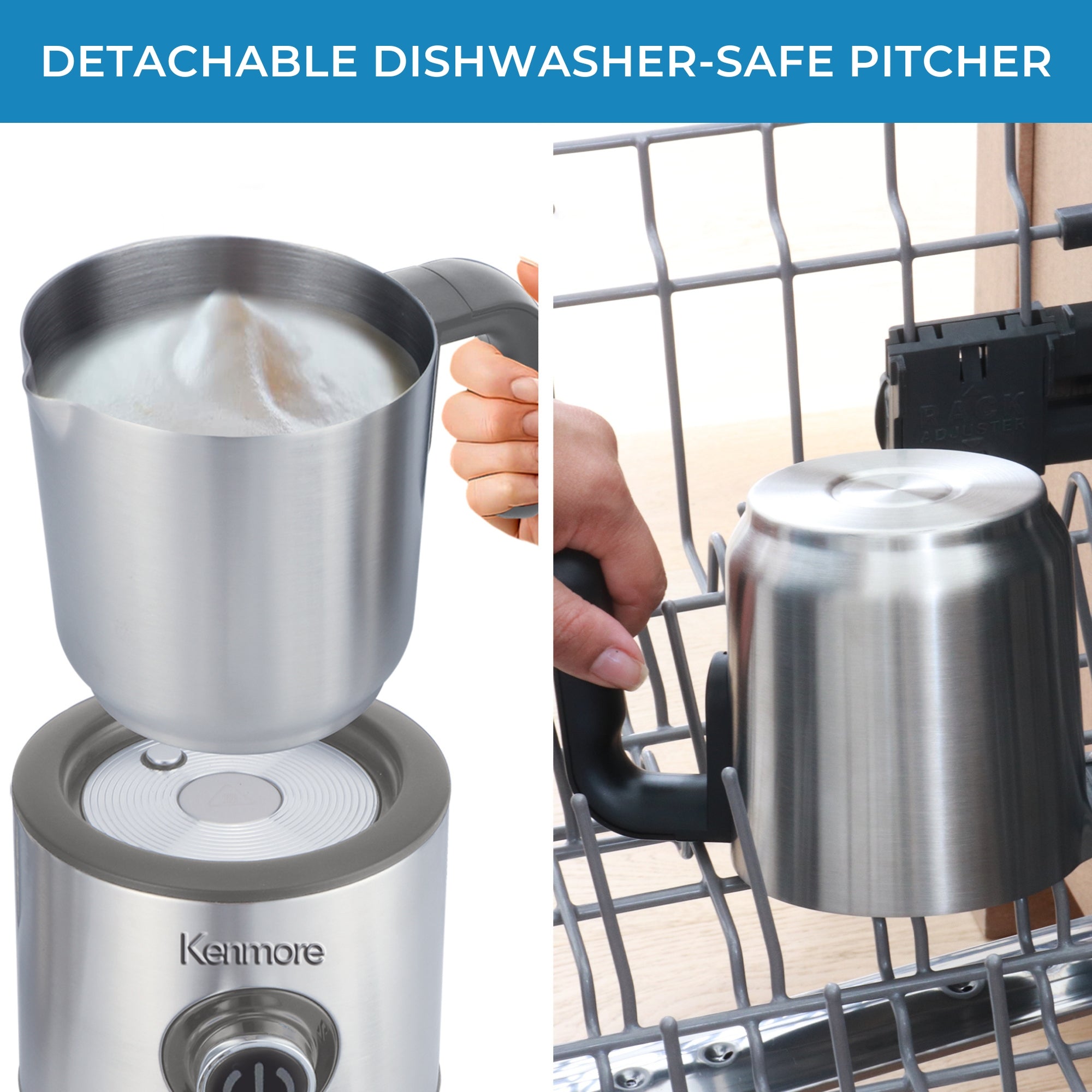 Two side-by-side images show a hand lifting the stainless steel jug filled with foamed milk away from the induction heating base (left) and a hand placing the pitcher upside-down onto a dishwasher rack (right). Text above reads, "Detachable dishwasher-safe frothing jug."